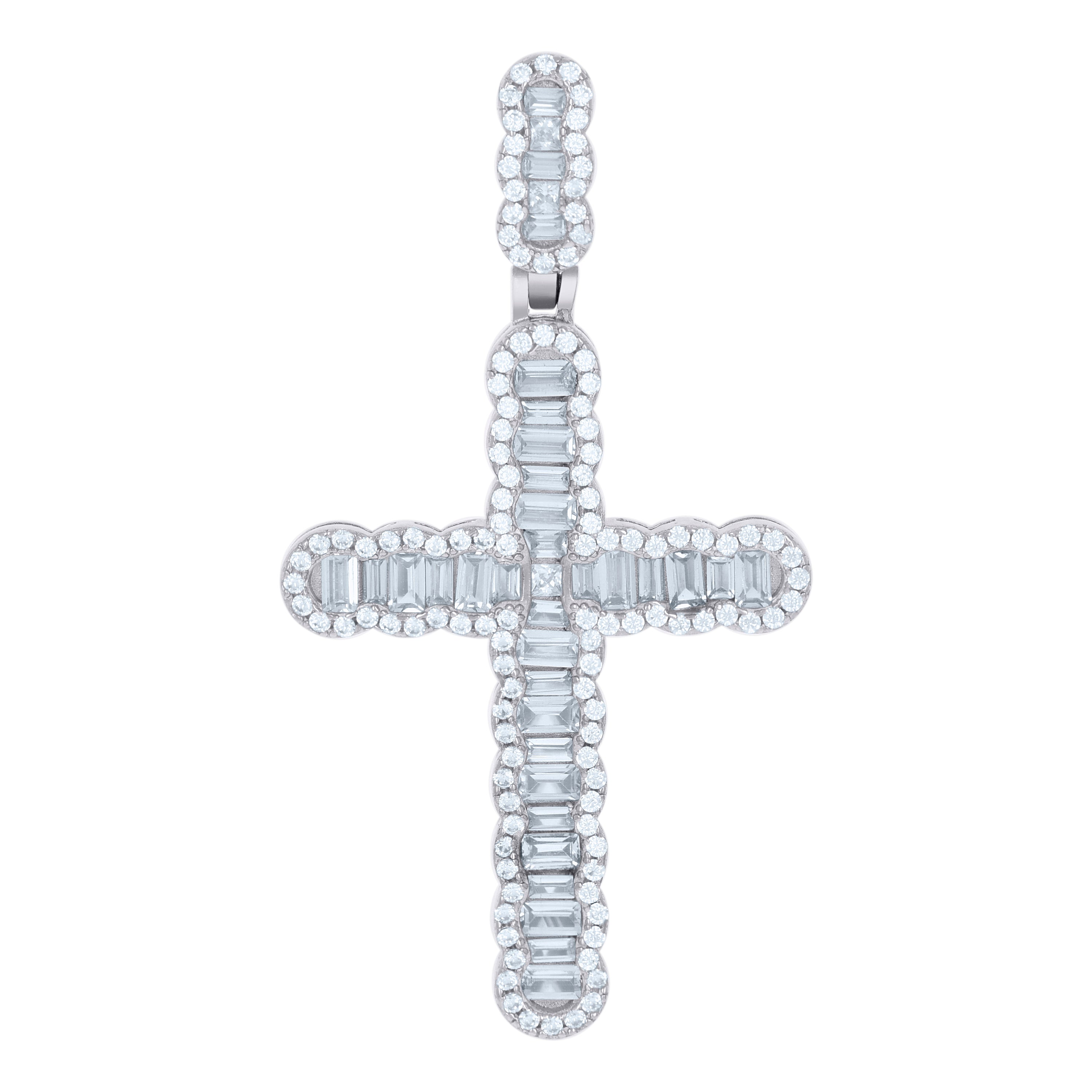 925 Sterling Silver Mens Baguette Round Cubic-Zirconia Cross Religious Charm Pendant