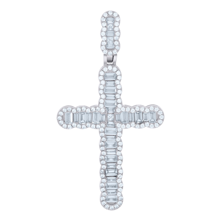 925 Sterling Silver Mens Baguette Round Cubic-Zirconia Cross Religious Charm Pendant