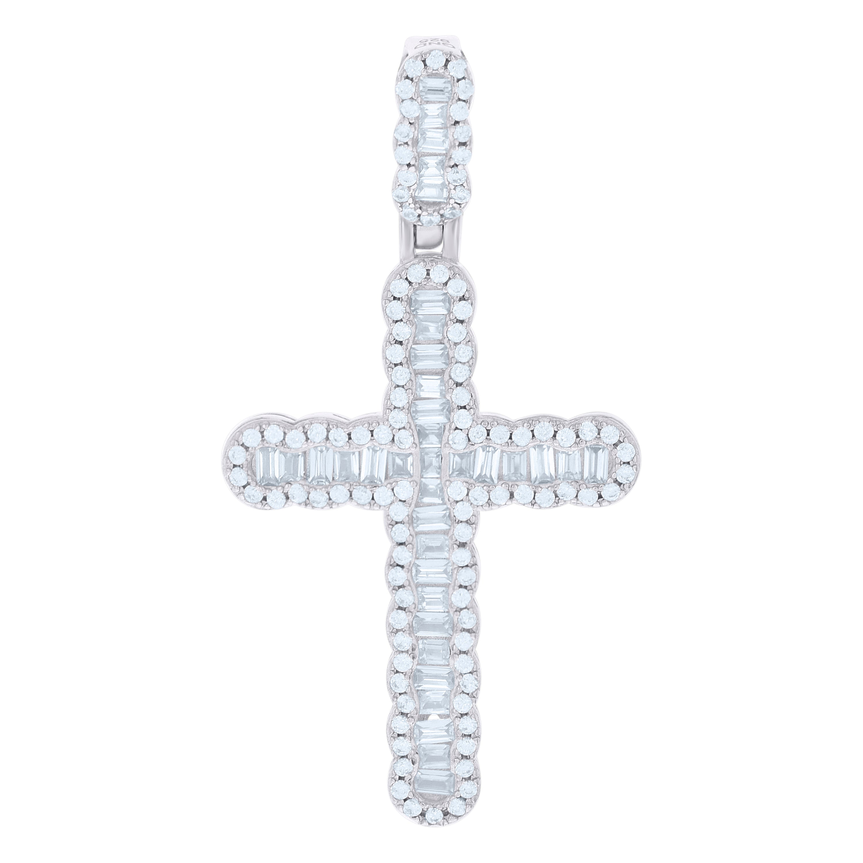 925 Sterling Silver Men Baguette Round Cubic-Zirconia Cross Religious Charm Pendant 