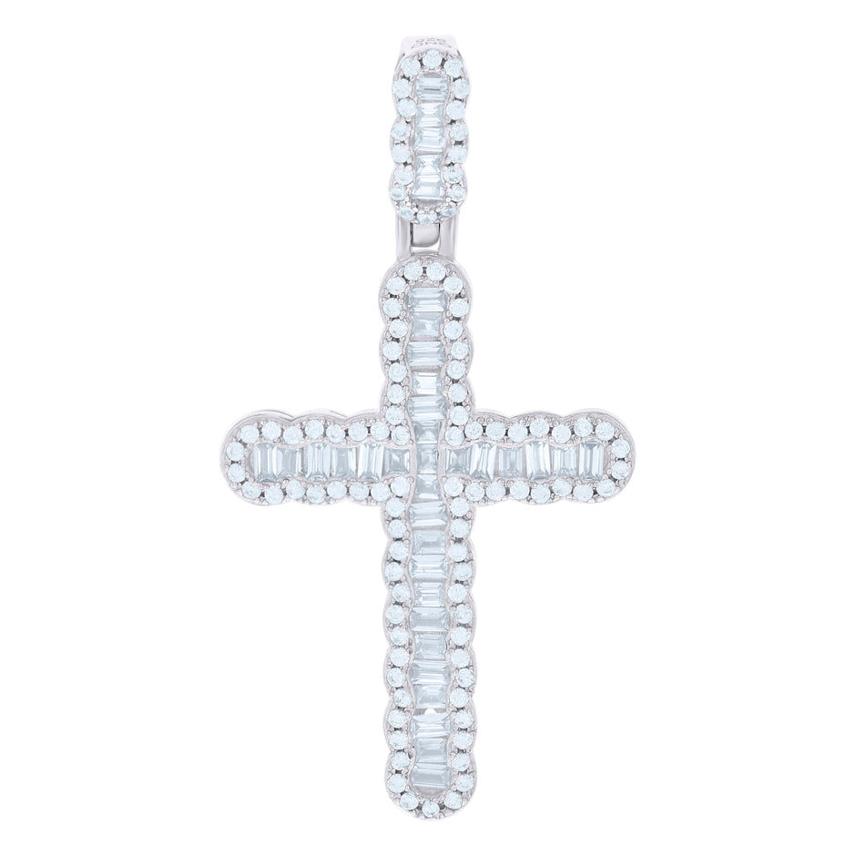 925 Sterling Silver Men Baguette Round Cubic-Zirconia Cross Religious Charm Pendant 