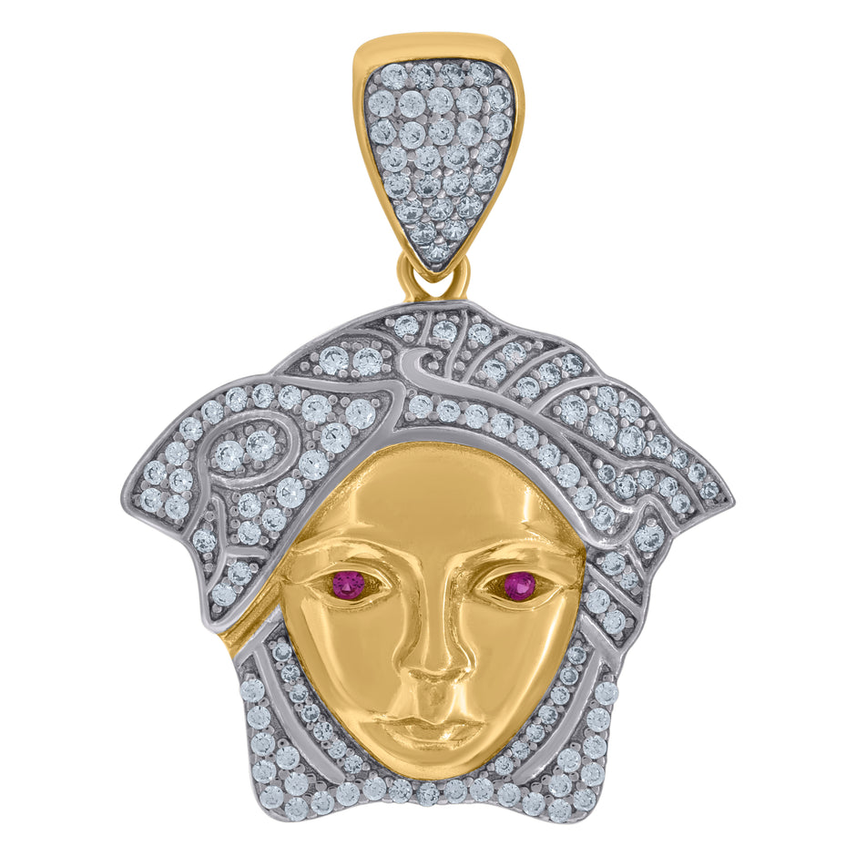 10kt Two-tone Gold Mens Purple White Cubic-Zirconia Medusa Egyptian Fashion Charm Pendant