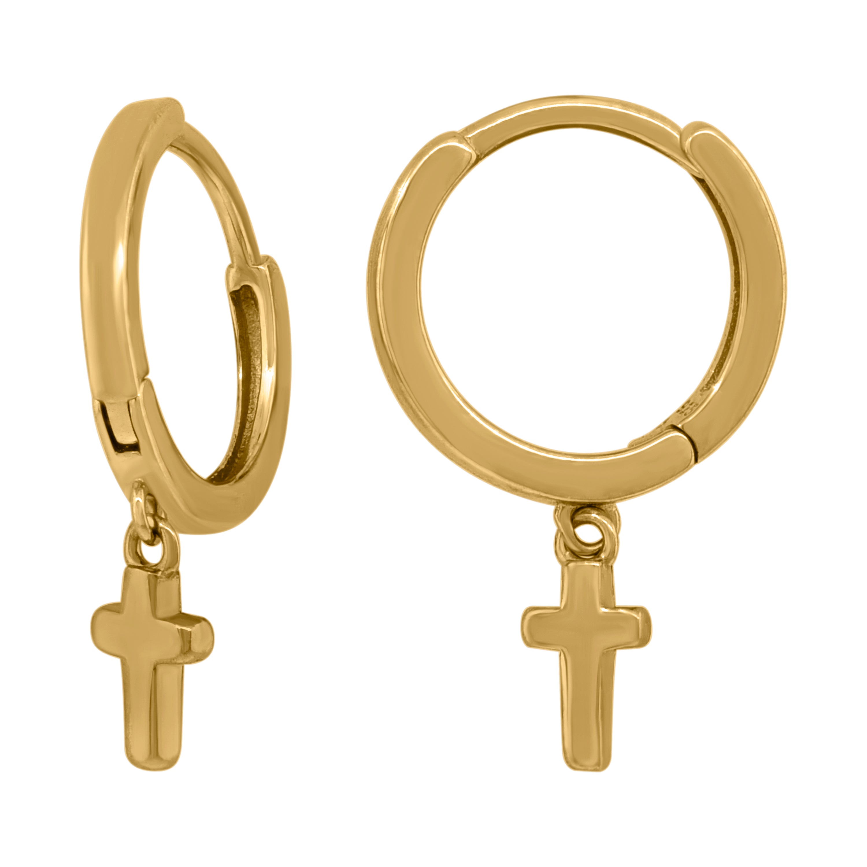 925 Sterling Silver Yellow-Tone Unisex Cross Religious Dangle Hoop Earrings