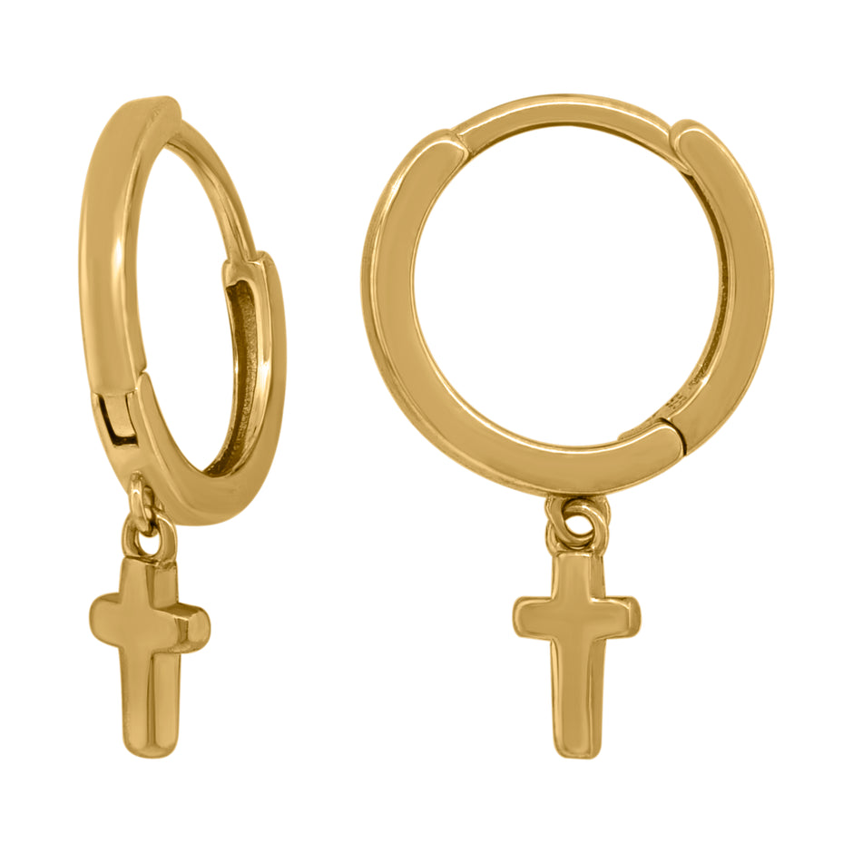 925 Sterling Silver Yellow-Tone Unisex Cross Religious Dangle Hoop Earrings