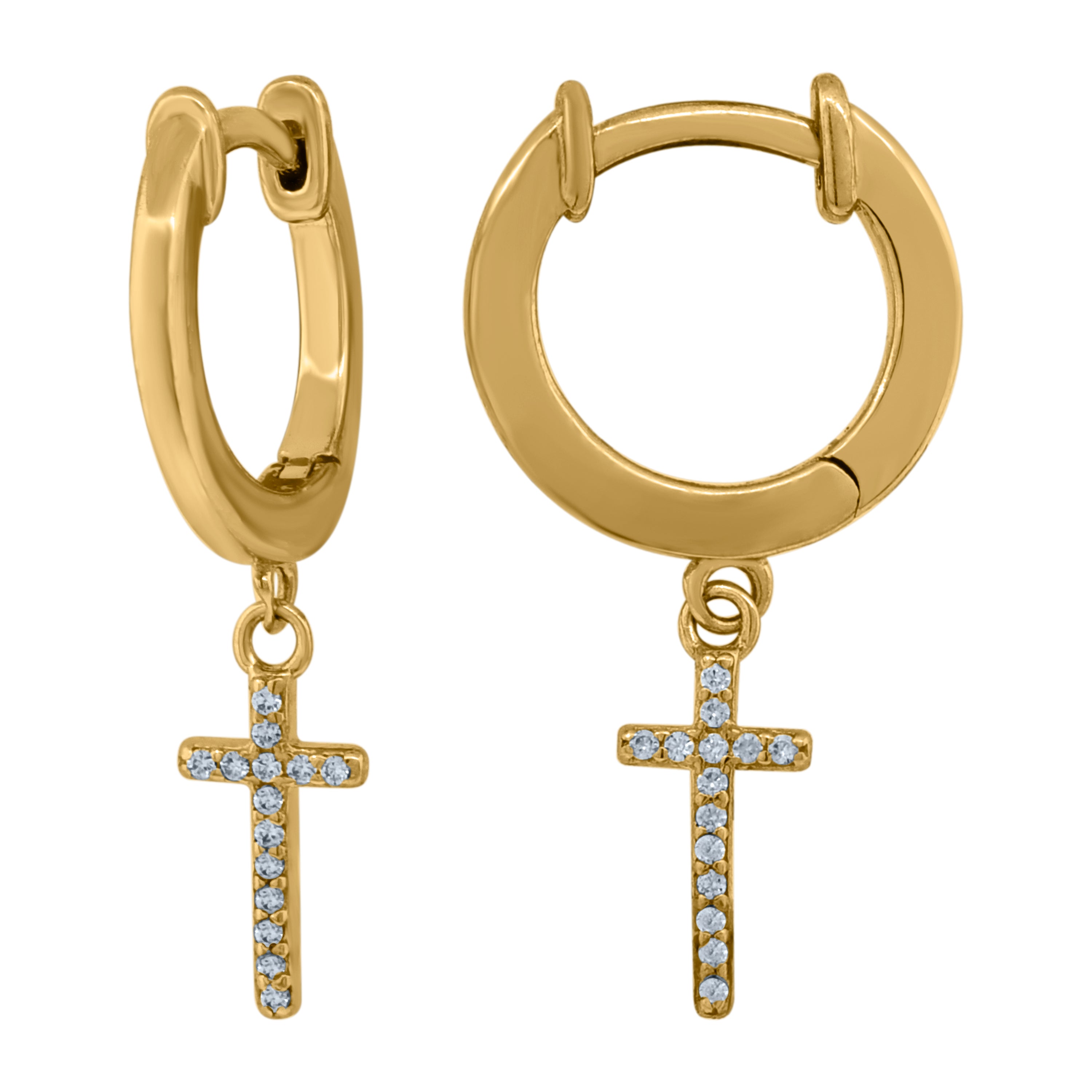 925 Sterling Silver Yellow-Tone Unisex Cubic-Zirconia Cross Religious Dangle Hoop Earrings