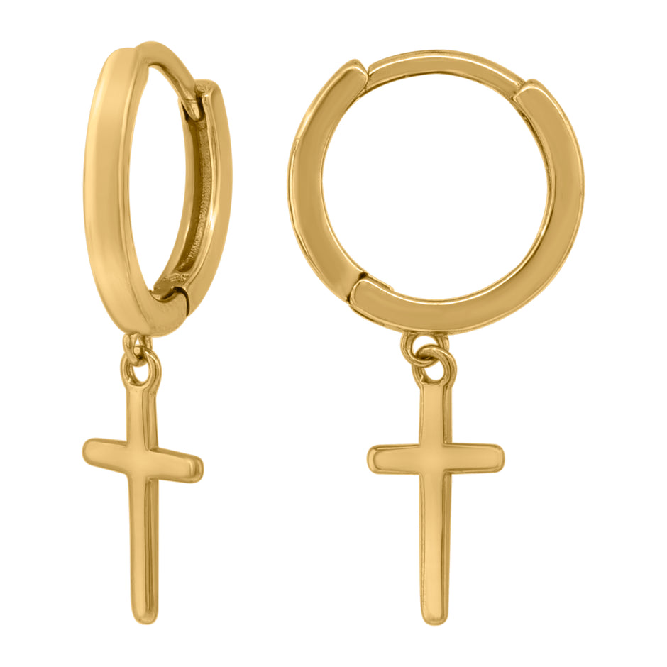 925 Sterling Silver Yellow-Tone Unisex Cross Religious Dangle Hoop Earrings