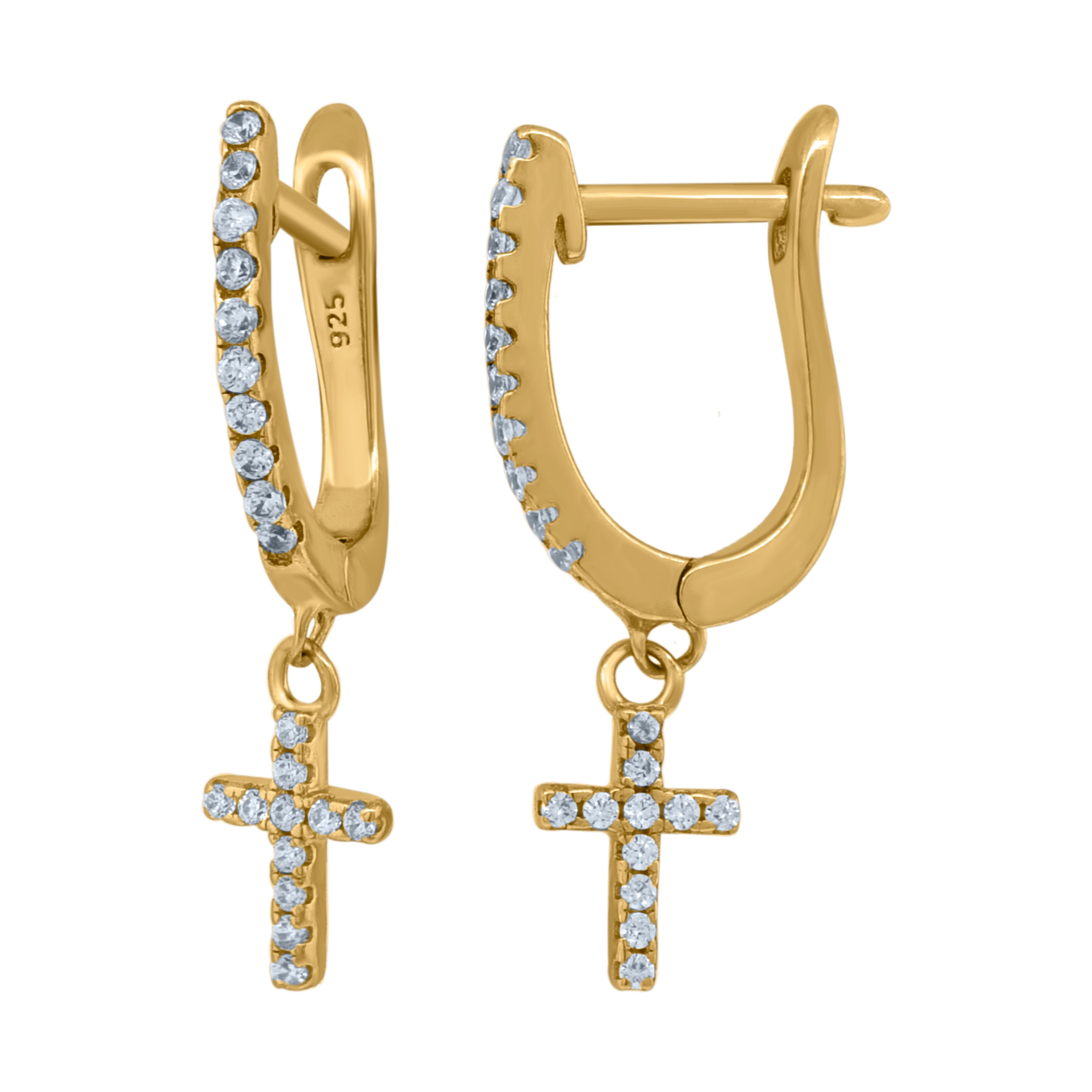 925 Sterling Silver Yellow-Tone Unisex Cubic-Zirconia Cross Religious Dangle Hoop Earrings