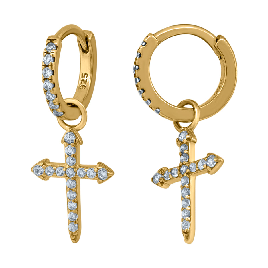 925 Sterling Silver Yellow-Tone Unisex Cubic-Zirconia Cross Religious Dangle Hoop Earrings