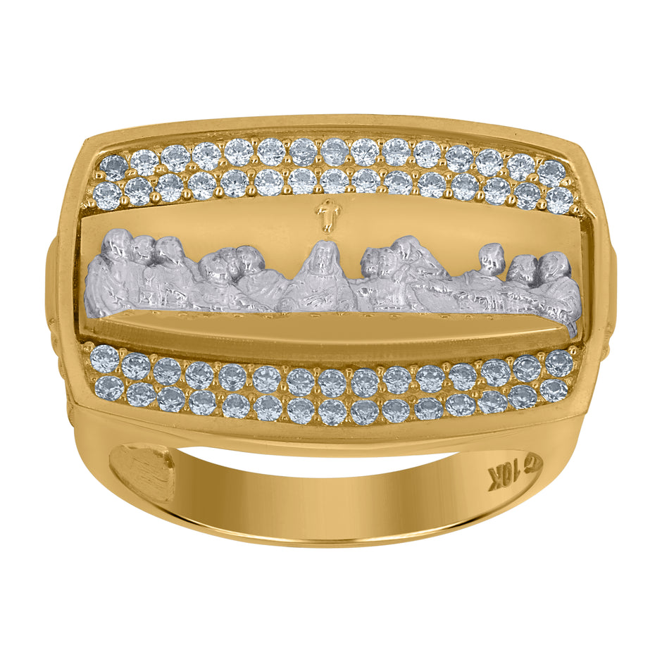 10kt Two-Tone Gold Mens Cubic-Zirconia Last Supper Religious Ring