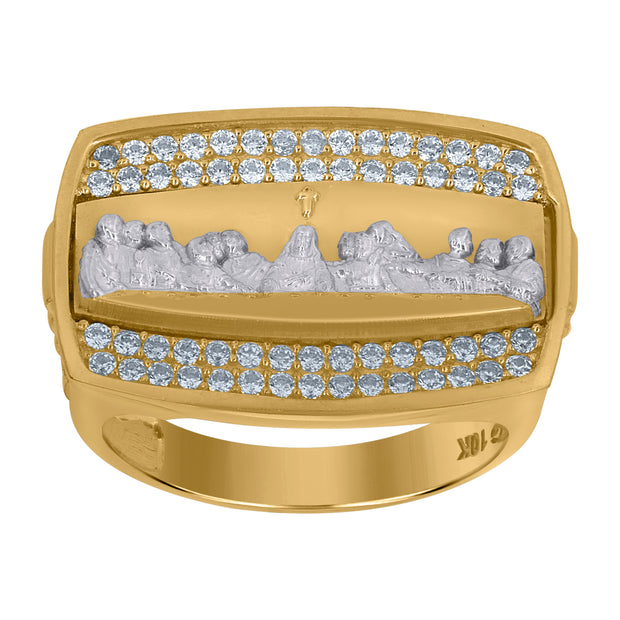 10kt Two-Tone Gold Mens Cubic-Zirconia Last Supper Religious Ring
