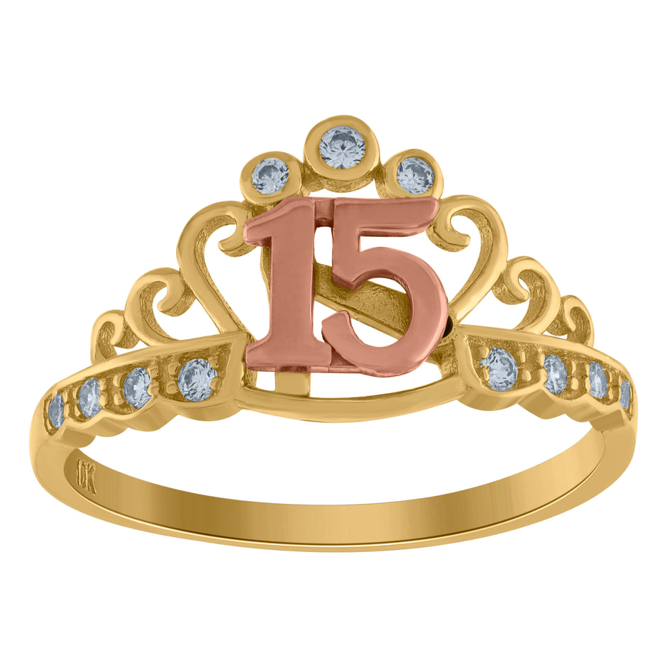 10kt Two-tone Gold Womens Cubic-Zirconia 15 Anos Quinceanera Ring