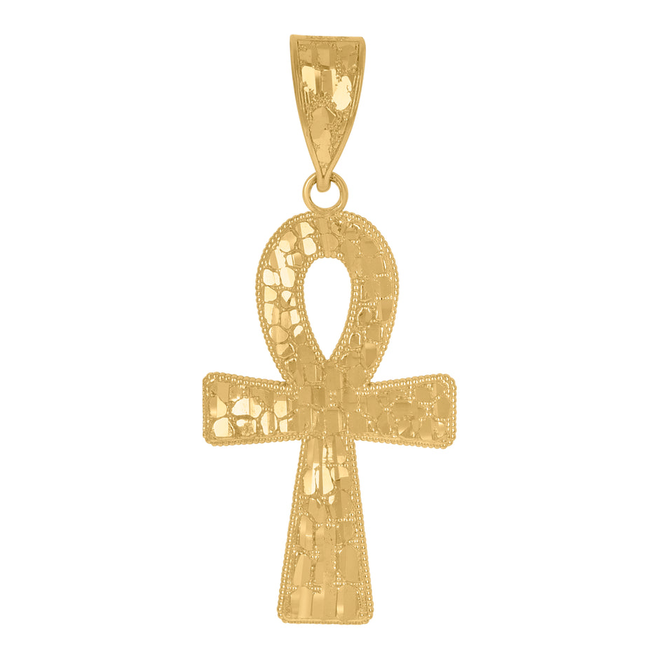 10kt Yellow Gold Diamond-Cut Nugget Ankh Religious Charm Pendant