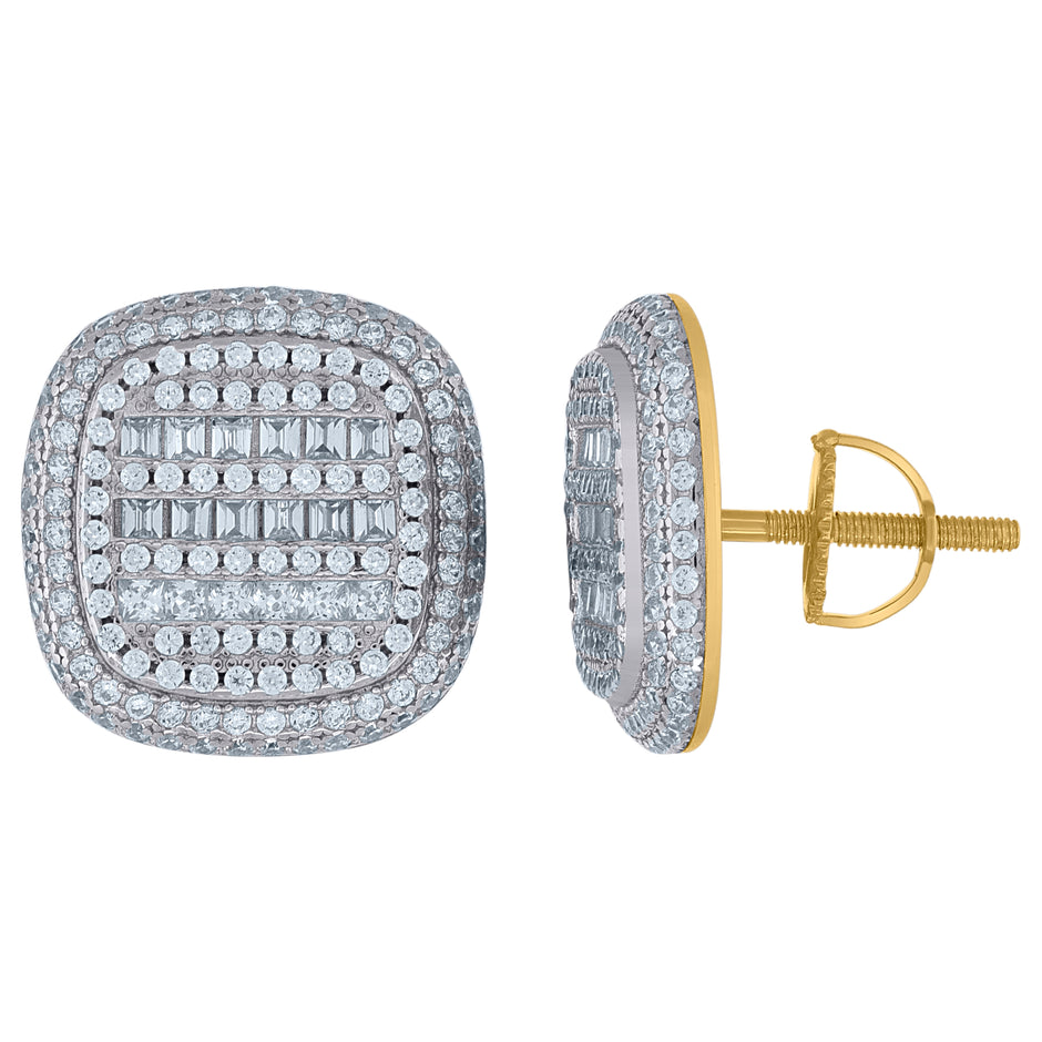 925 Sterling Silver Yellow-Tone Unisex Baguette Cubic-Zirconia Square Fashion Stud Earrings