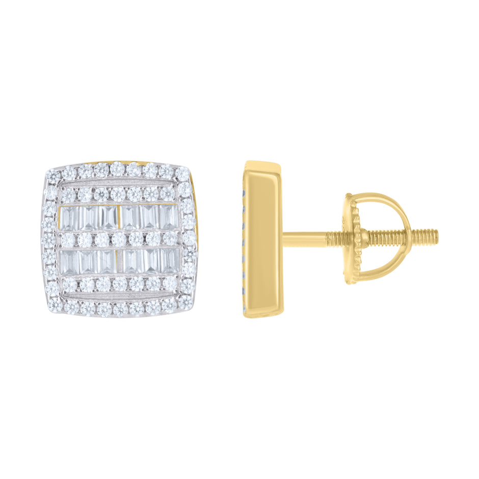 925 Sterling Silver Yellow-Tone Unisex Baguette Cubic-Zirconia Square Fashion Stud Earrings 