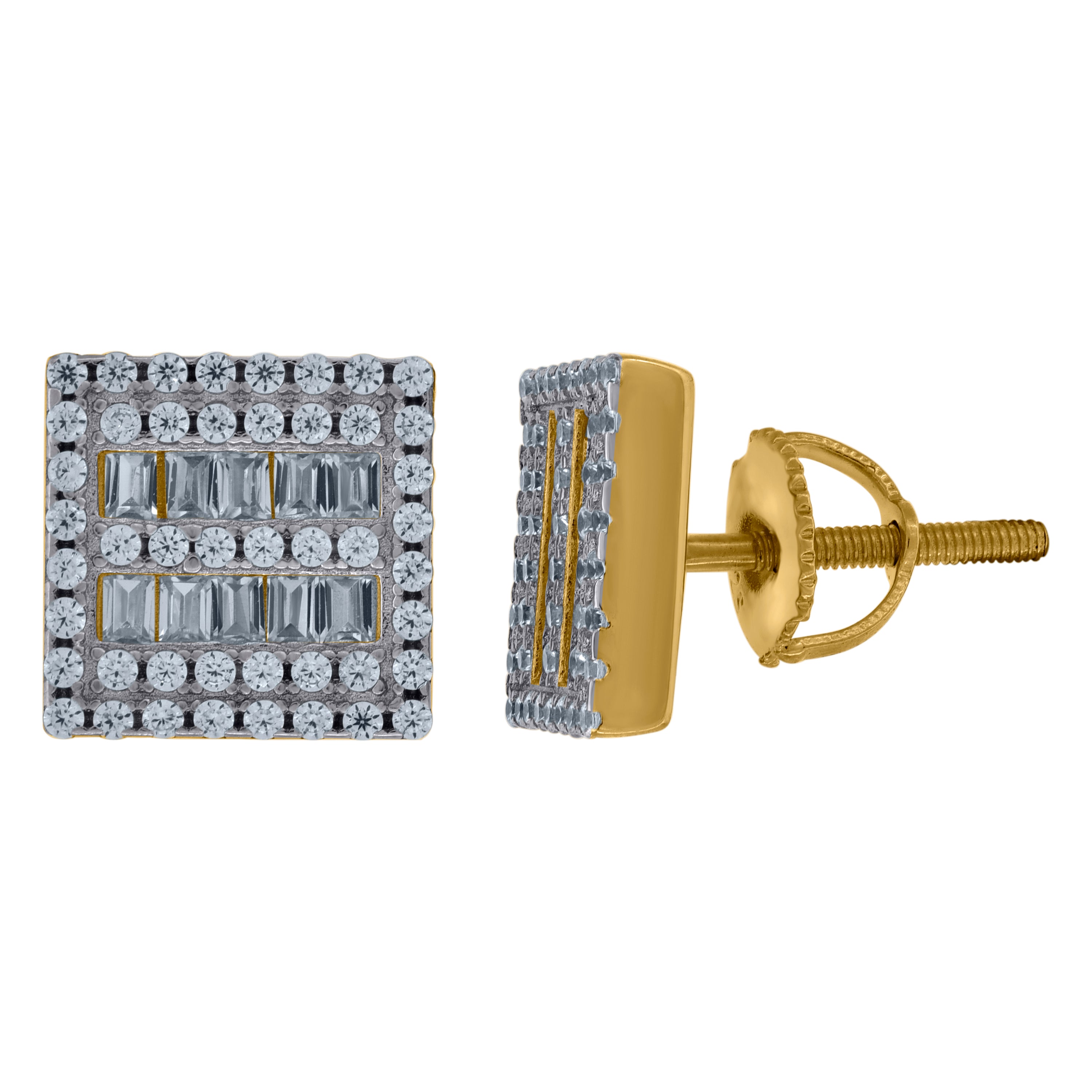925 Sterling Silver Yellow-Tone Unisex Baguette Cubic-Zirconia Square Fashion Stud Earrings 