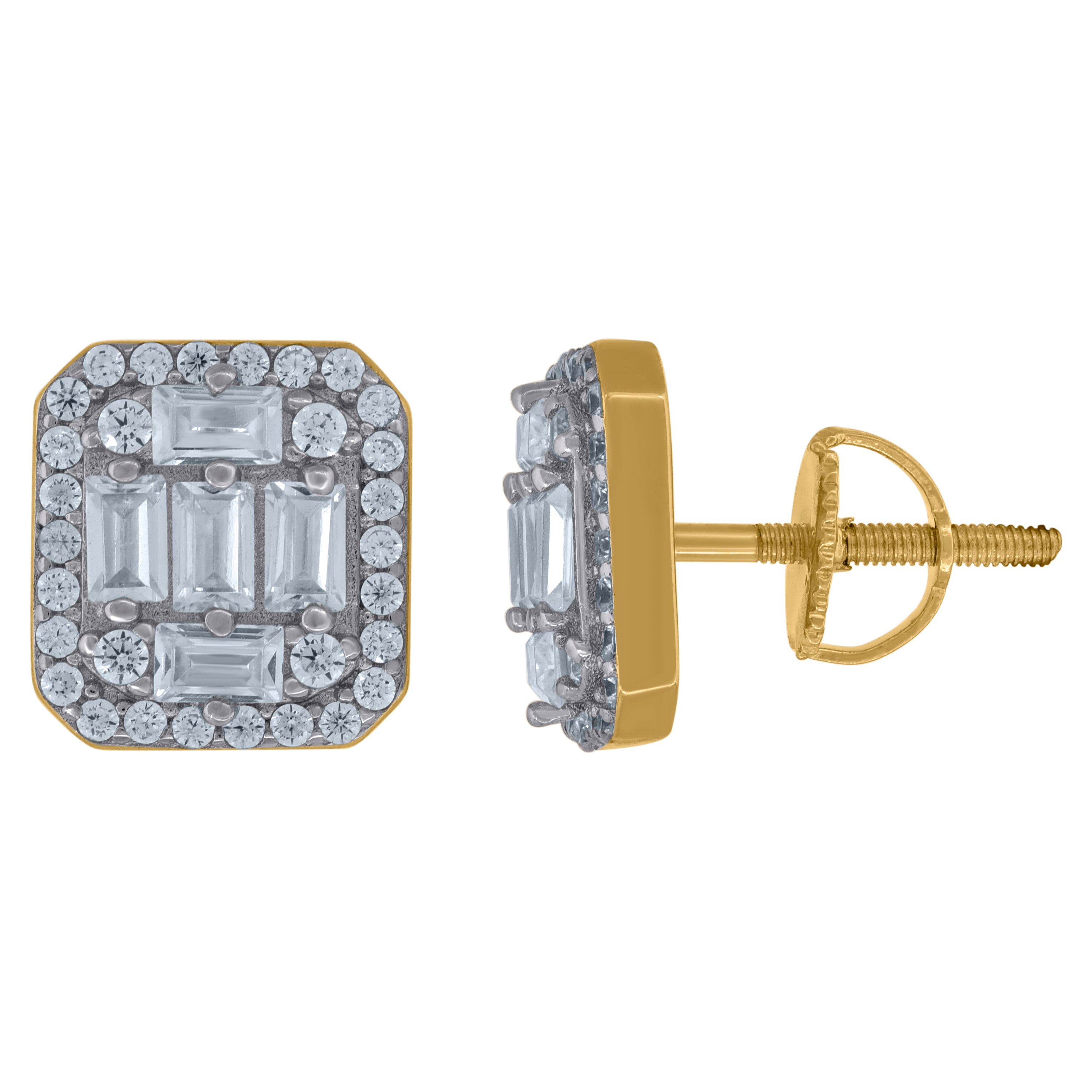 925 Sterling Silver Yellow-Tone Unisex Baguette Cubic-Zirconia Fashion Stud Earrings 