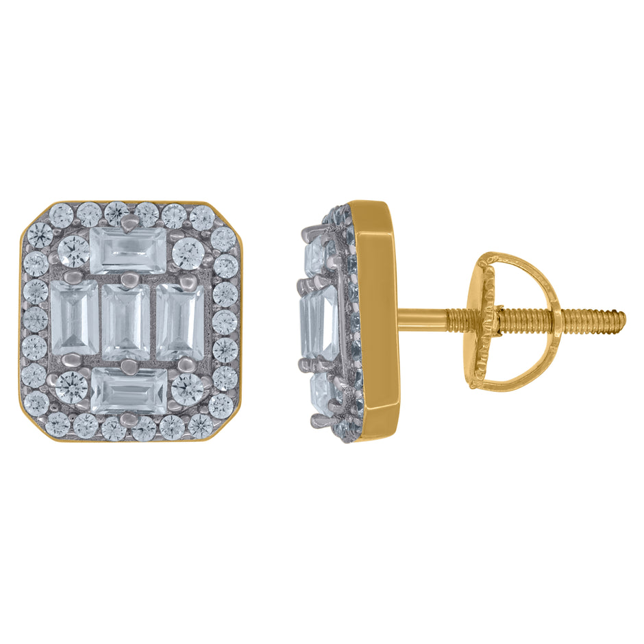925 Sterling Silver Yellow-Tone Unisex Baguette Cubic-Zirconia Fashion Stud Earrings 