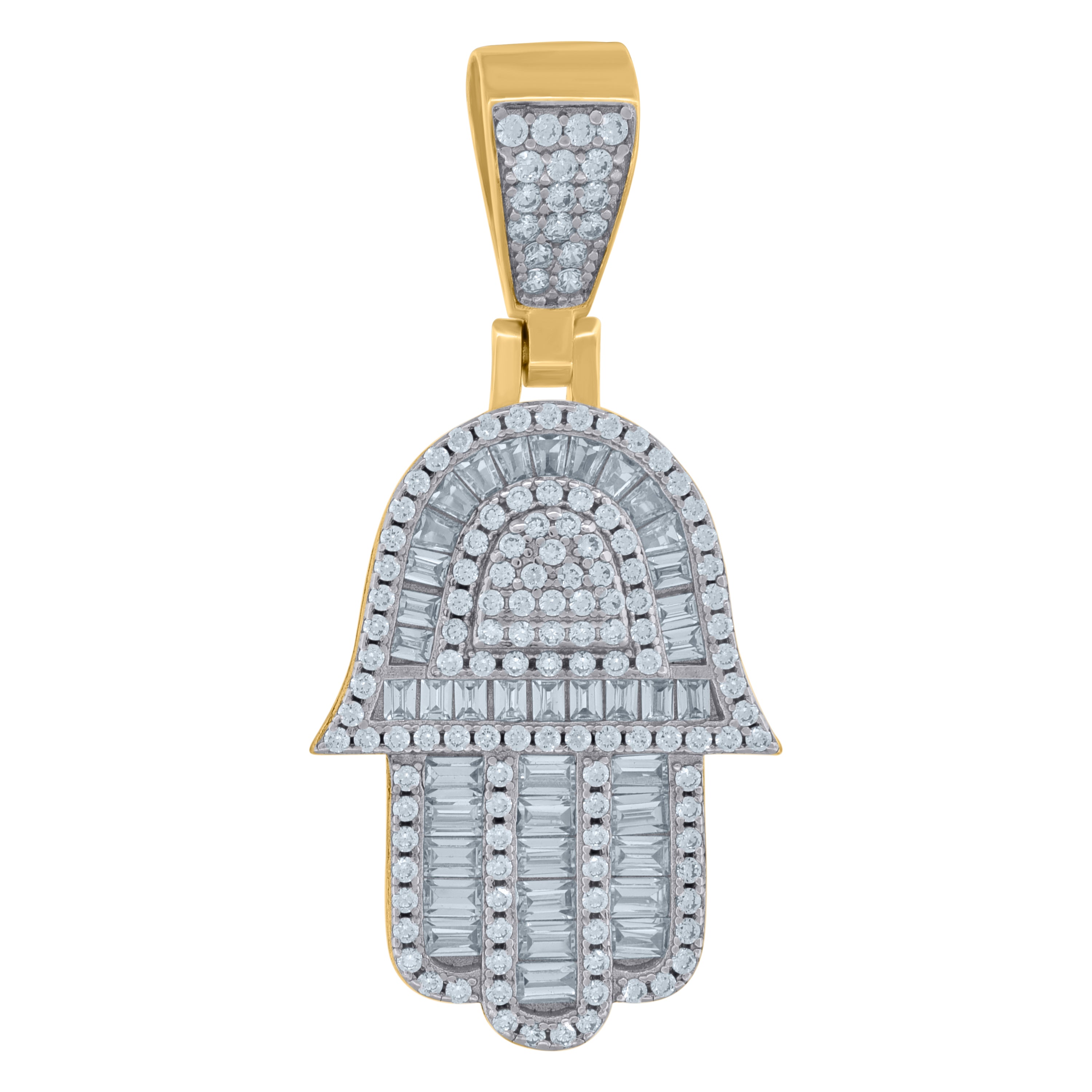 925 Sterling Silver Yellow-Tone Mens Baguette Cubic-Zirconia Humsa Symbol Religious Charm Pendant