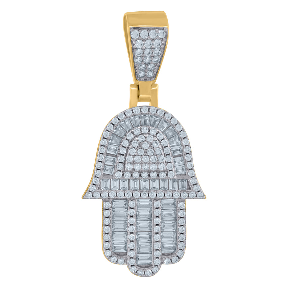 925 Sterling Silver Yellow-Tone Mens Baguette Cubic-Zirconia Humsa Symbol Religious Charm Pendant