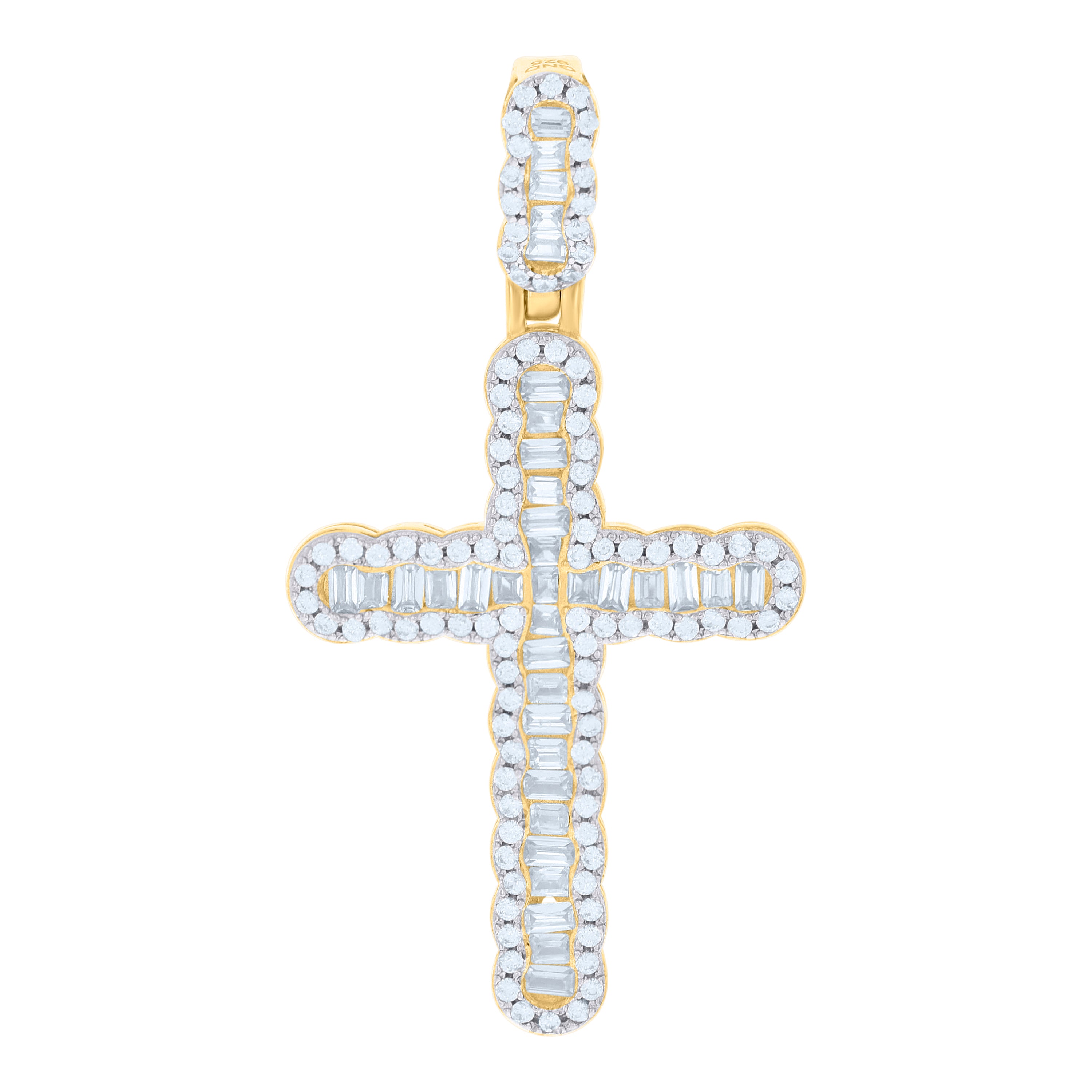 925 Sterling Silver Yellow-Tone Men Baguette Round Cubic-Zirconia Cross Religious Charm Pendant 