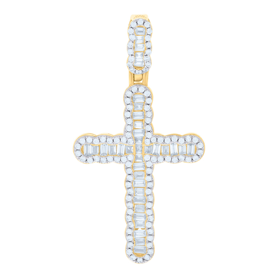 925 Sterling Silver Yellow-Tone Men Baguette Round Cubic-Zirconia Cross Religious Charm Pendant 