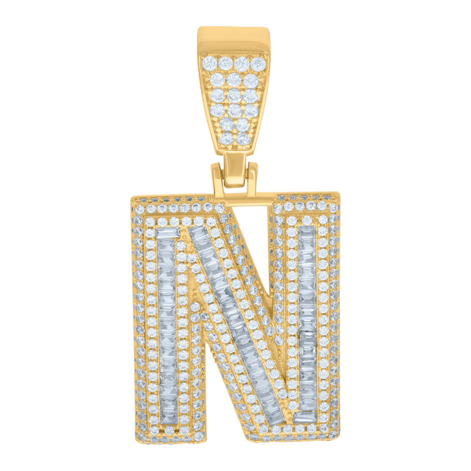 925 Sterling Silver Yellow-Tone Mens Baguette Round Cubic-Zirconia N Alphabet Initials Charm Pendant