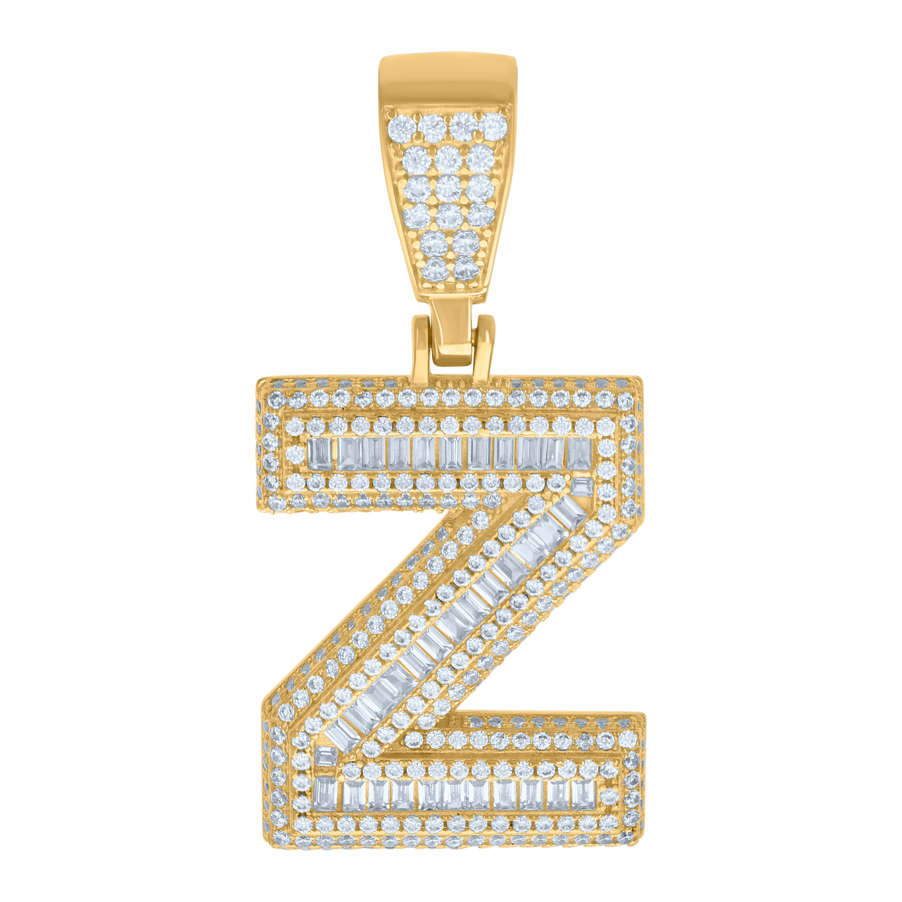 925 Sterling Silver Yellow-Tone Mens Baguette Round Cubic-Zirconia Z Alphabet Initials Charm Pendant