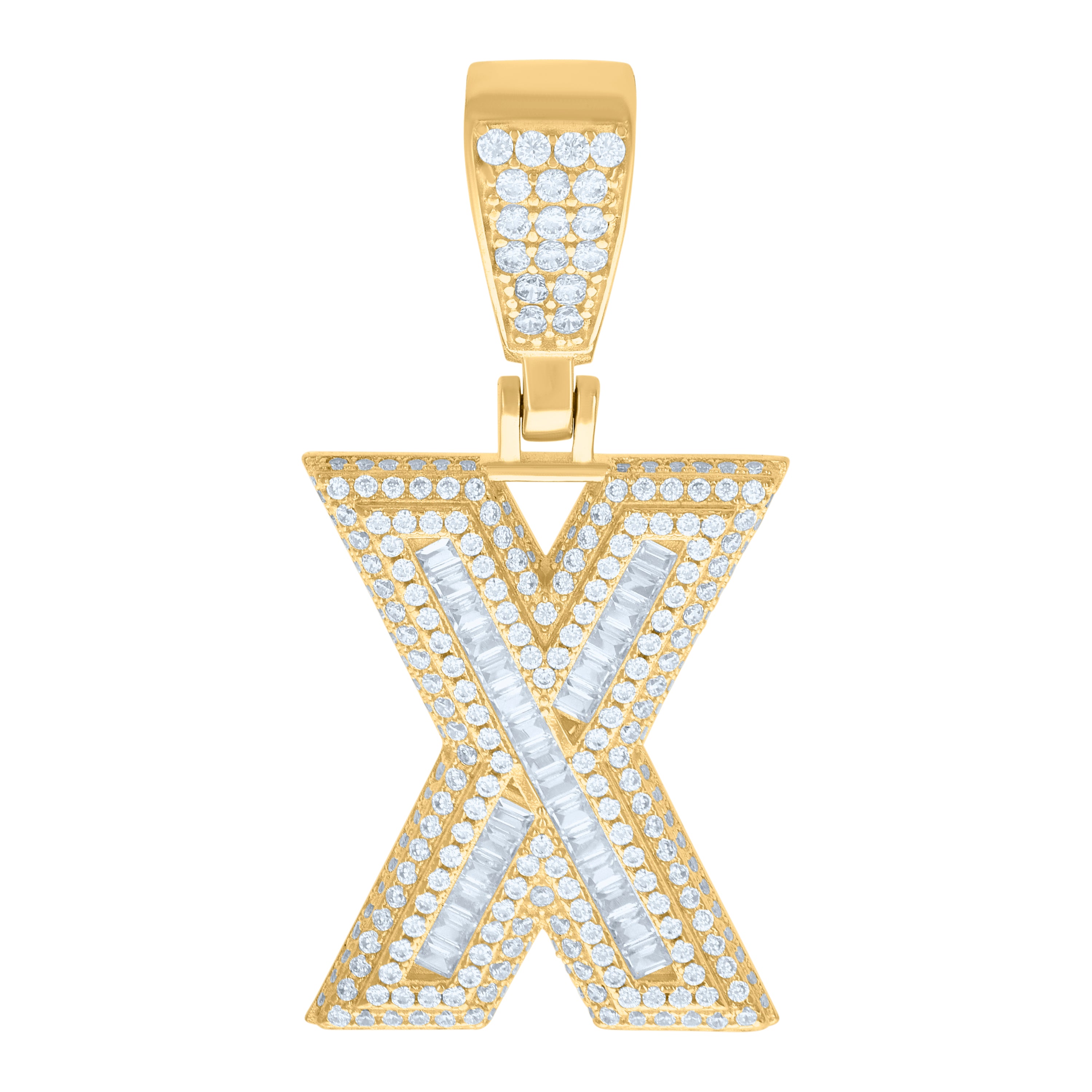 925 Sterling Silver Yellow-Tone Mens Baguette Round Cubic-Zirconia X Alphabet Initials Charm Pendant