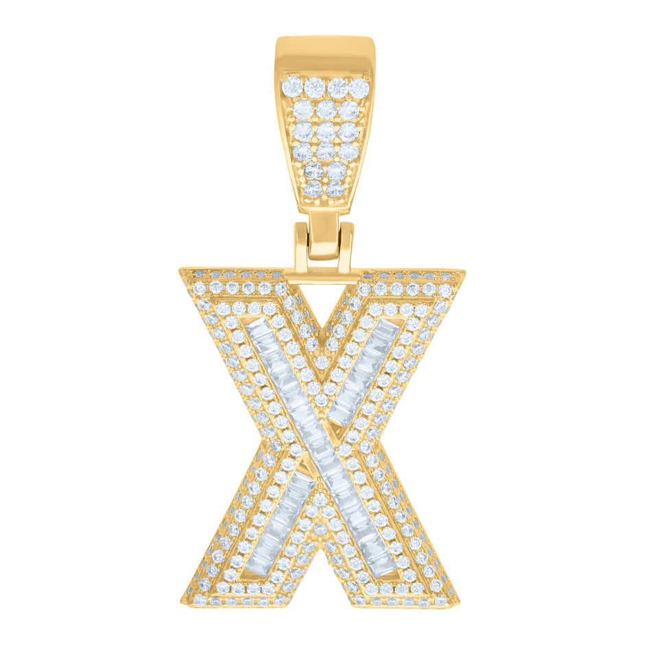 925 Sterling Silver Yellow-Tone Mens Baguette Round Cubic-Zirconia X Alphabet Initials Charm Pendant