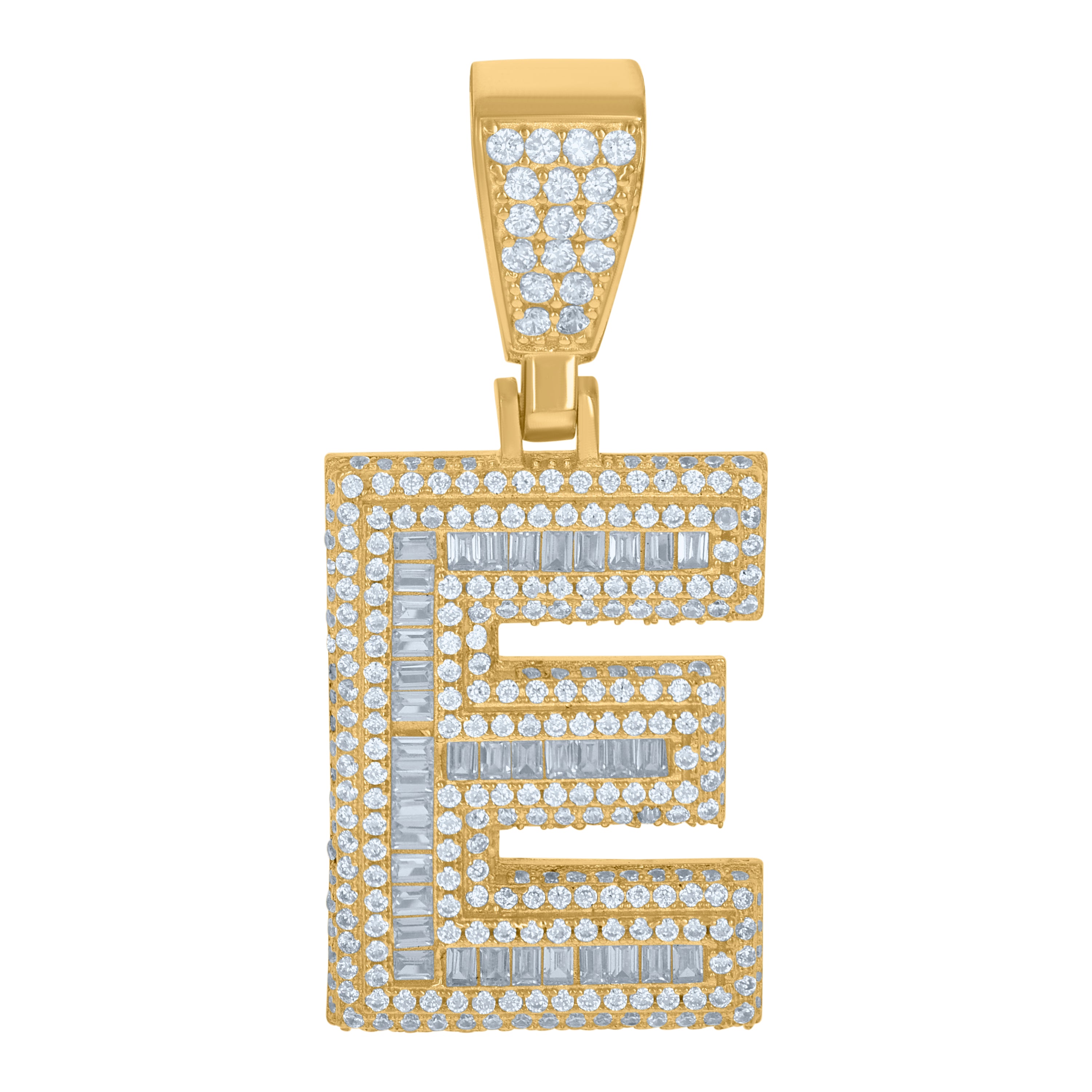 925 Sterling Silver Yellow-Tone Mens Baguette Round Cubic-Zirconia E Alphabet Initials Charm Pendant
