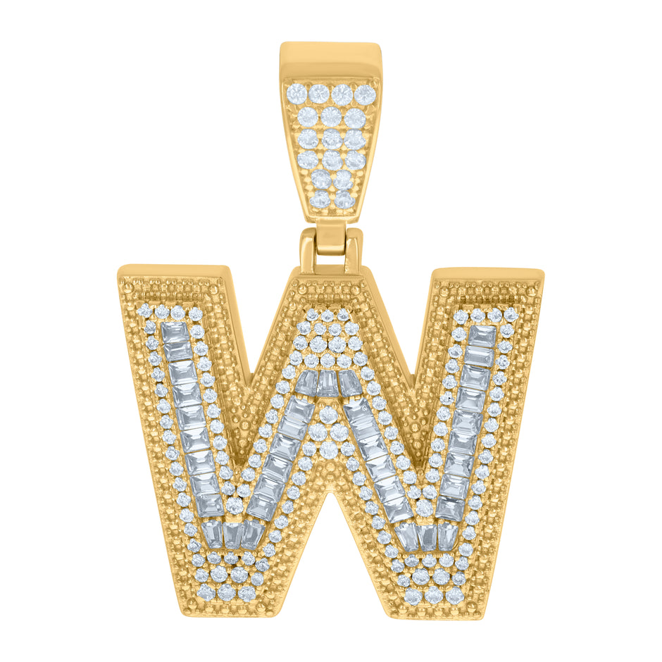 925 Sterling Silver Yellow-Tone Mens Baguette Round Cubic-Zirconia W Alphabet Initials Charm Pendant