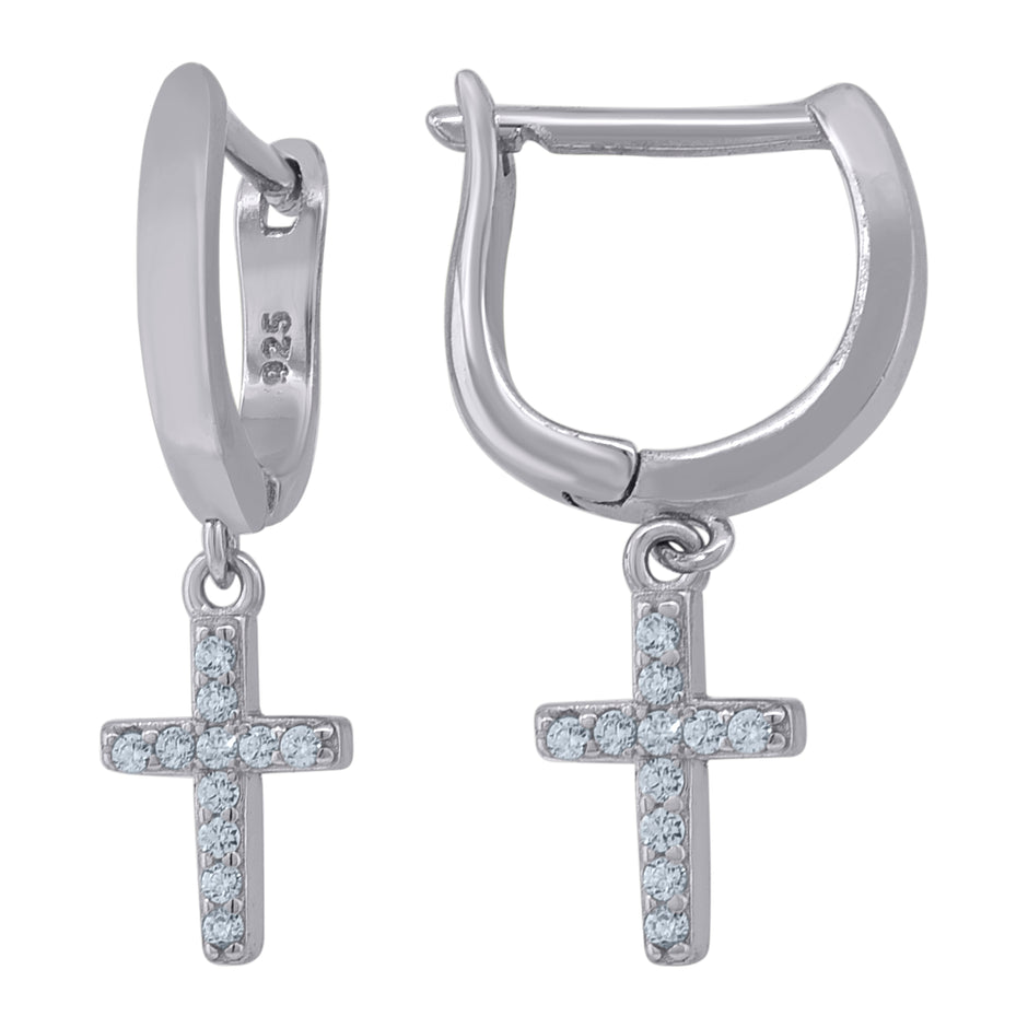 925 Sterling Silver Unisex Cubic-Zirconia Cross Religious Dangle Hoop Earrings