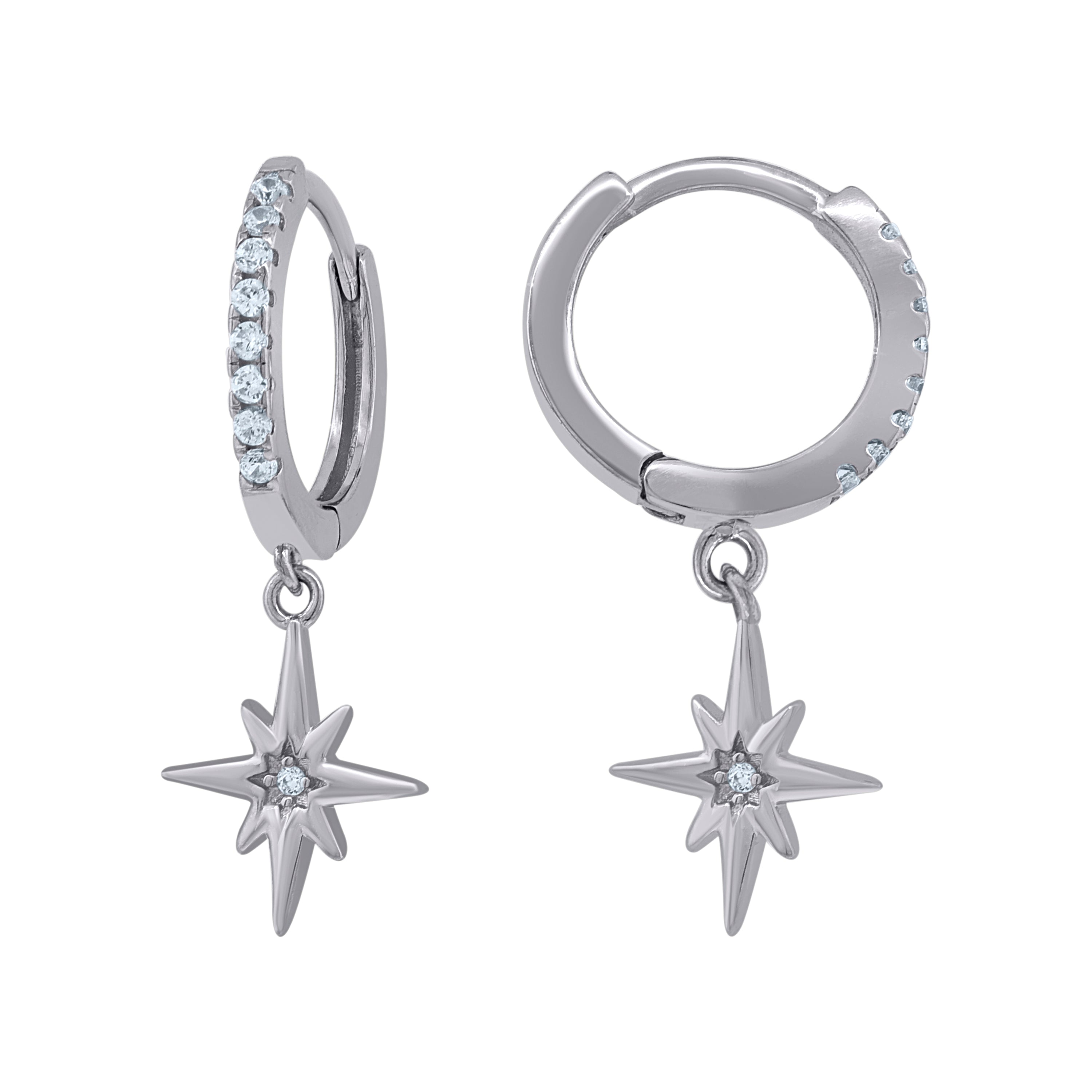 925 Sterling Silver Unisex Cubic-Zirconia Star Fashion Dangle Hoop Earrings