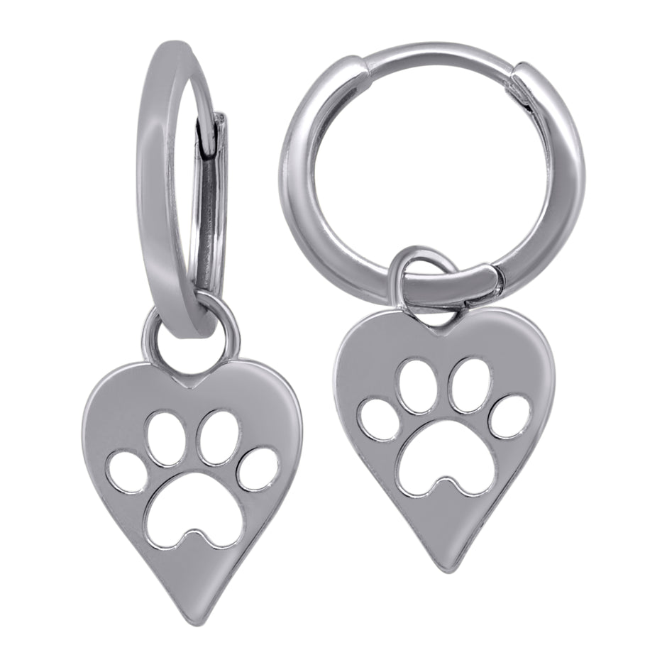925 Sterling Silver Womens Paw Print Heart Dangle Hoop Earrings