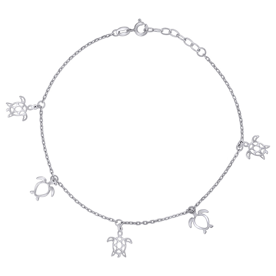 925 Sterling Silver Womens Ocean Life Turtle Charms Anklet Size 10 Inches