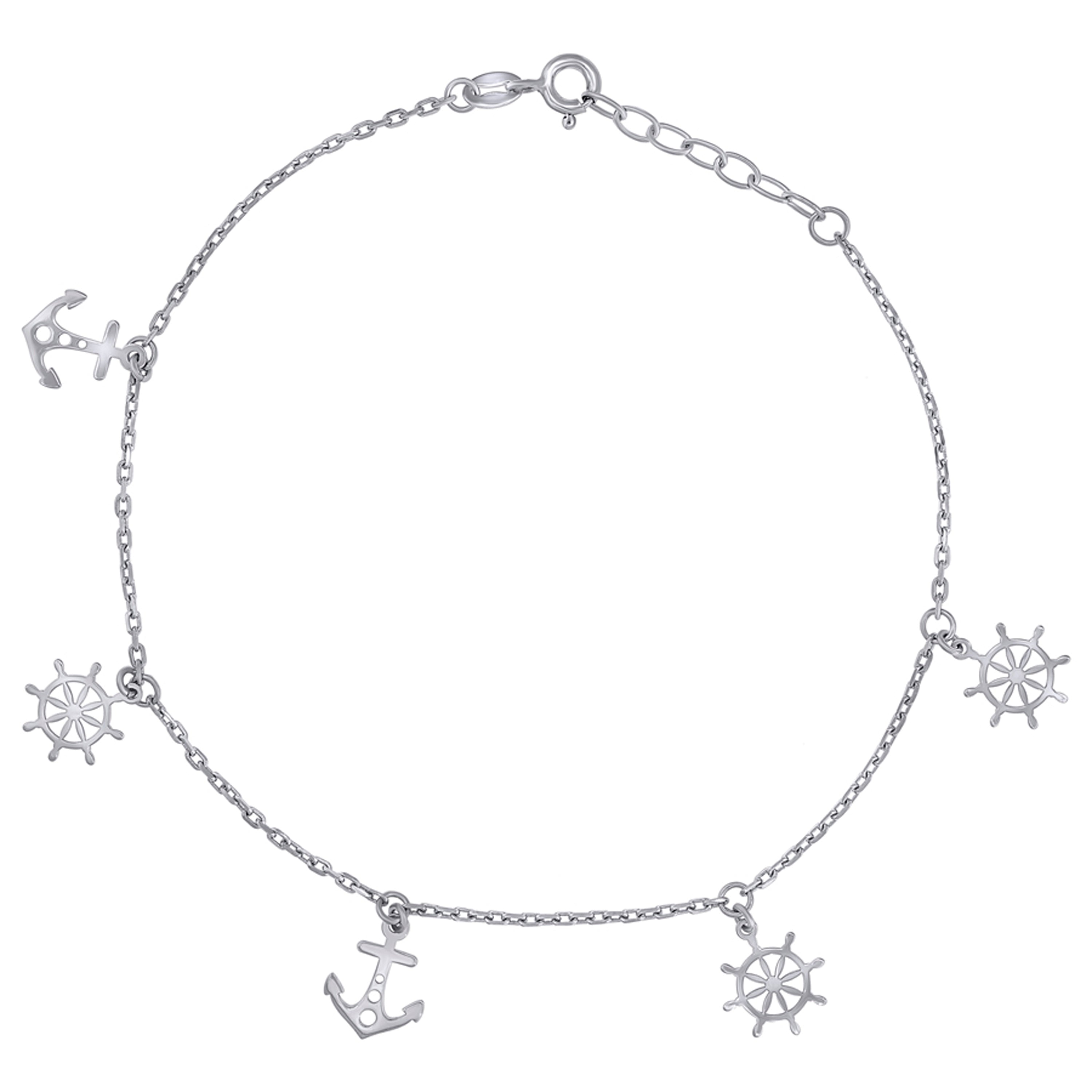 925 Sterling Silver Womens Ship Wheel & Anchor Charms Anklet Size 10 Inches