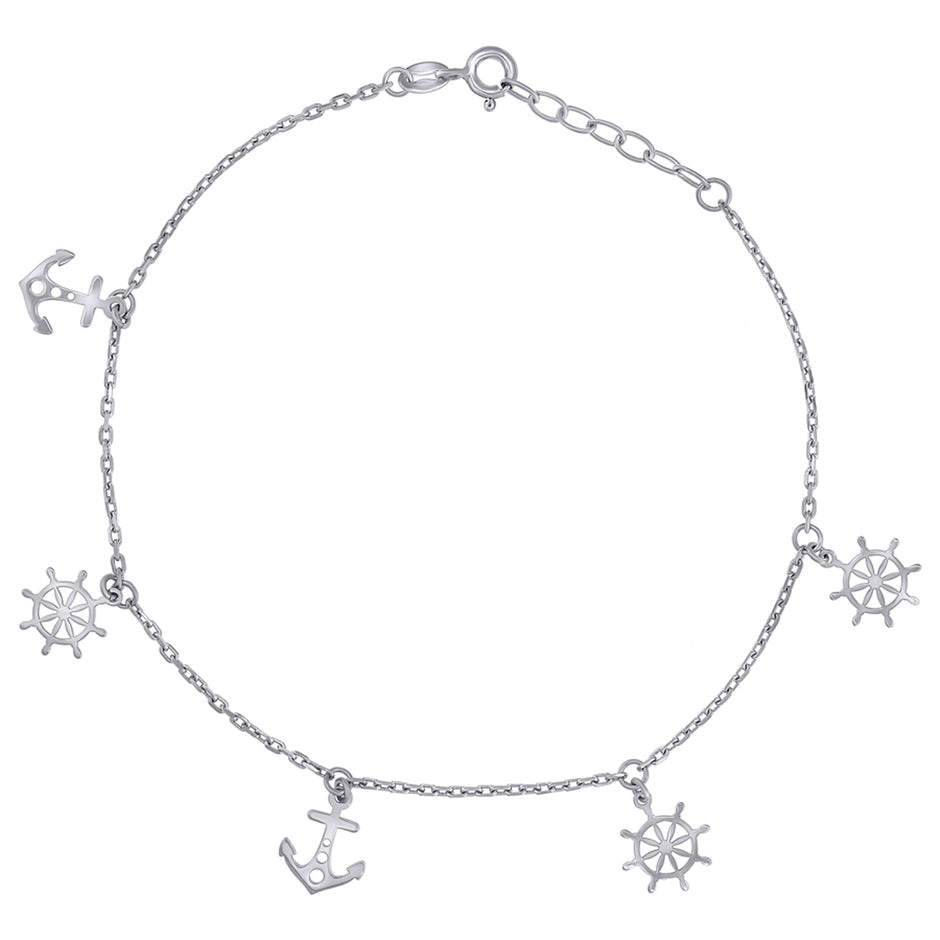 925 Sterling Silver Womens Ship Wheel & Anchor Charms Anklet Size 10 Inches