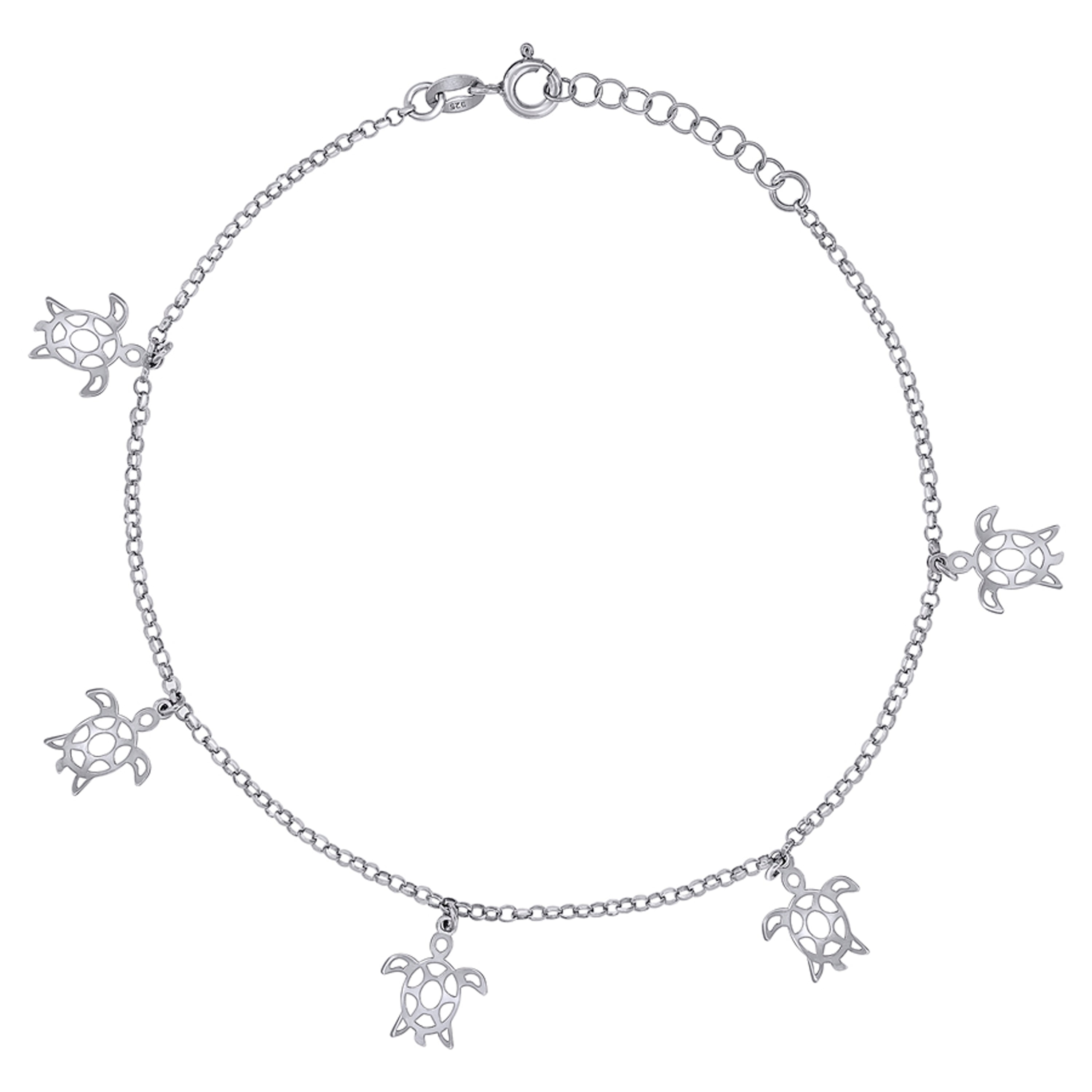 925 Sterling Silver Womens Ocean Life Turtle Charms Anklet Size 10 Inches