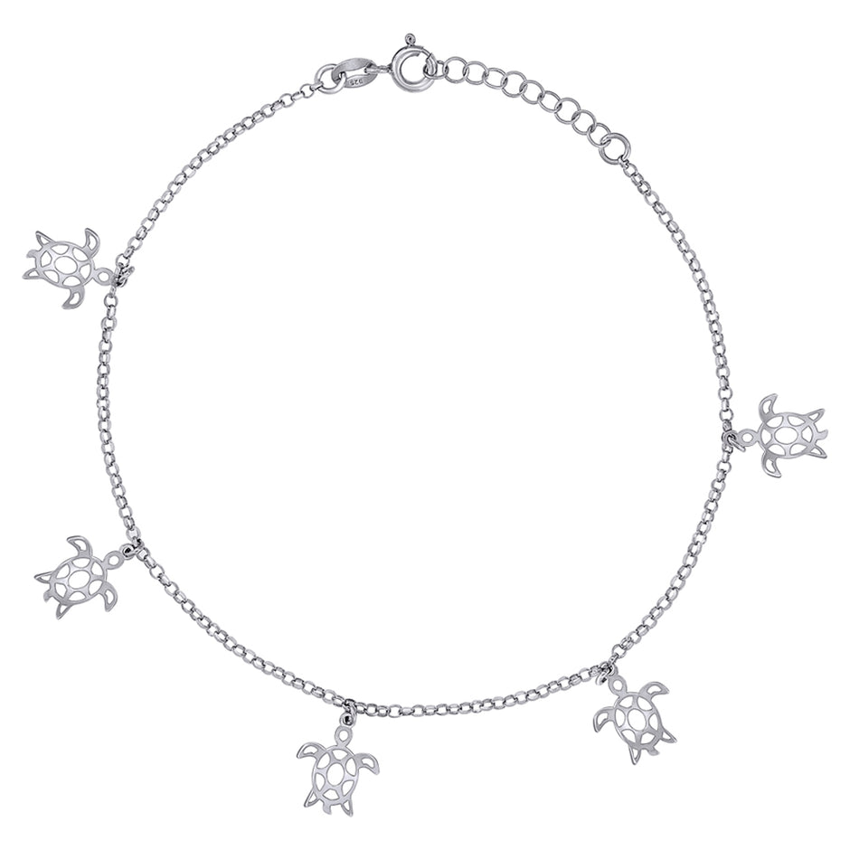 925 Sterling Silver Womens Ocean Life Turtle Charms Anklet Size 10 Inches