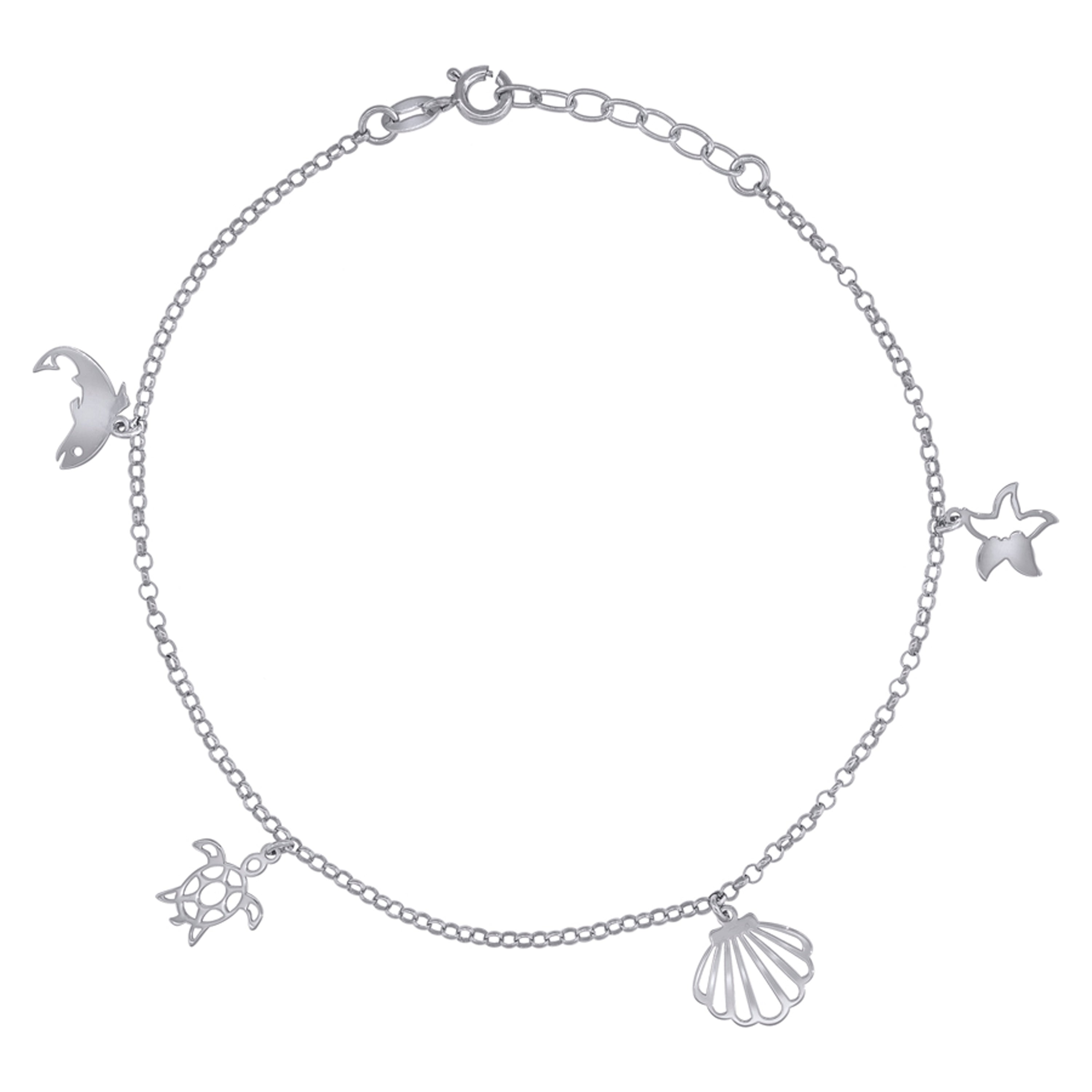 925 Sterling Silver Womens Ocean Life Charms Anklet Size 10 Inches