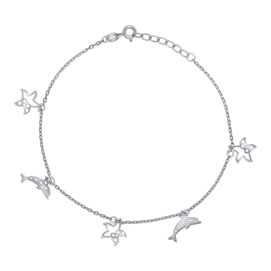 925 Sterling Silver Womens Ocean Life Charms Anklet Size 10 Inches