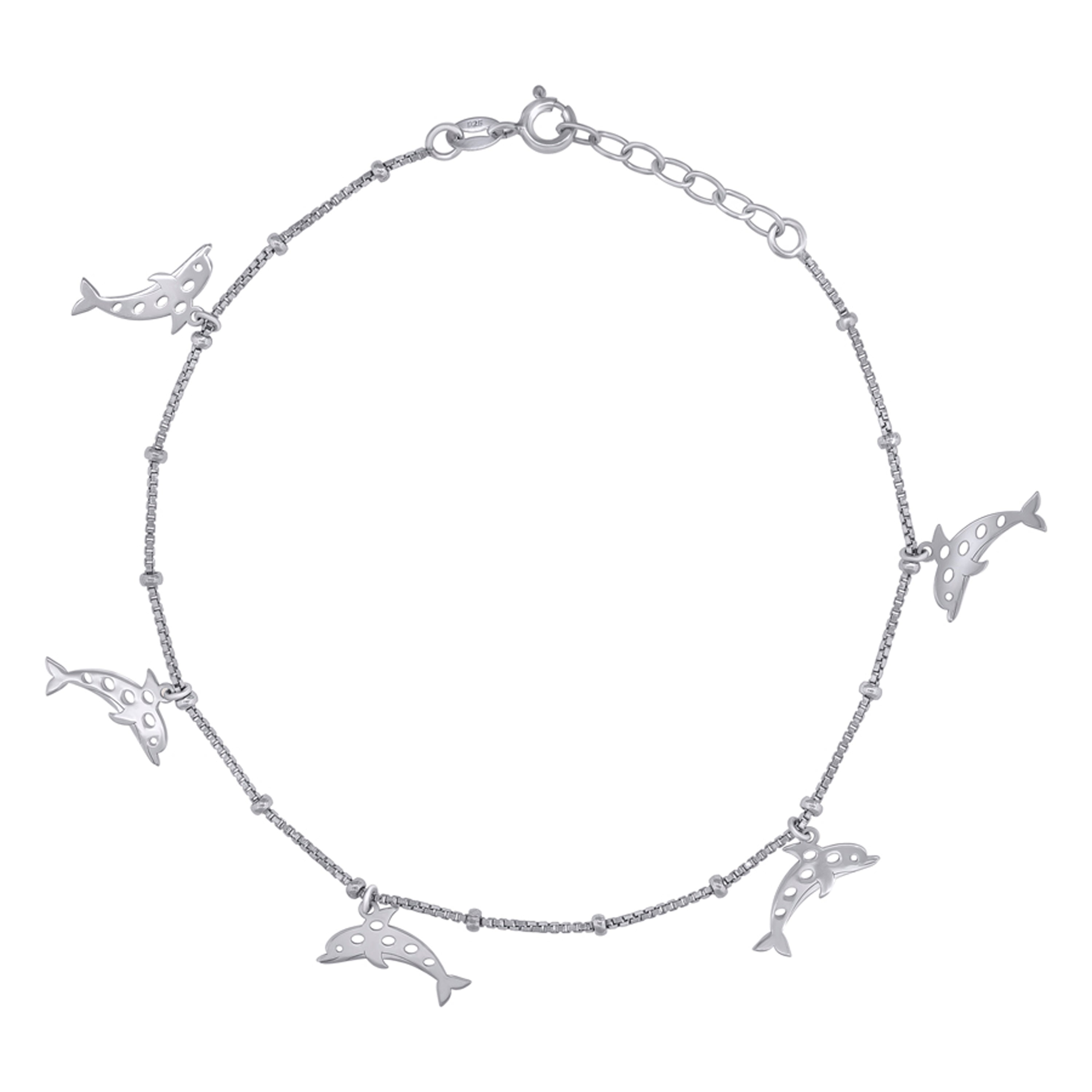 925 Sterling Silver Womens Jumping Dolphins Charms Anklet Size 10 Inches