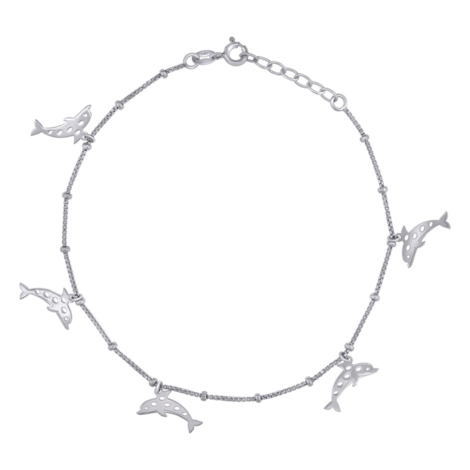 925 Sterling Silver Womens Jumping Dolphins Charms Anklet Size 10 Inches