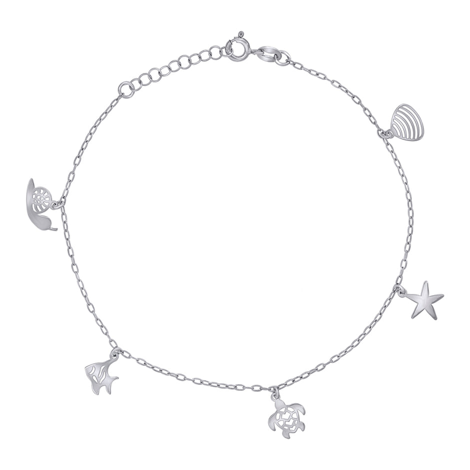 925 Sterling Silver Womens Ocean Life Charms Anklet Size 10 Inches