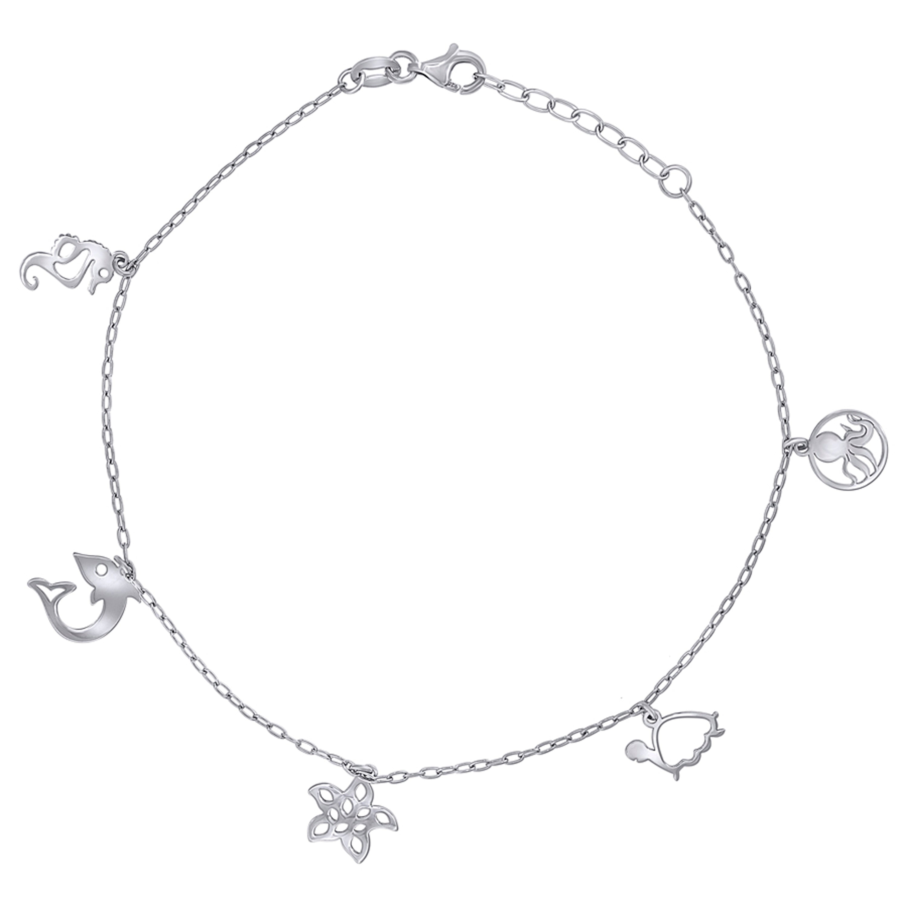 925 Sterling Silver Womens Ocean Life Charms Anklet Size 10 Inches
