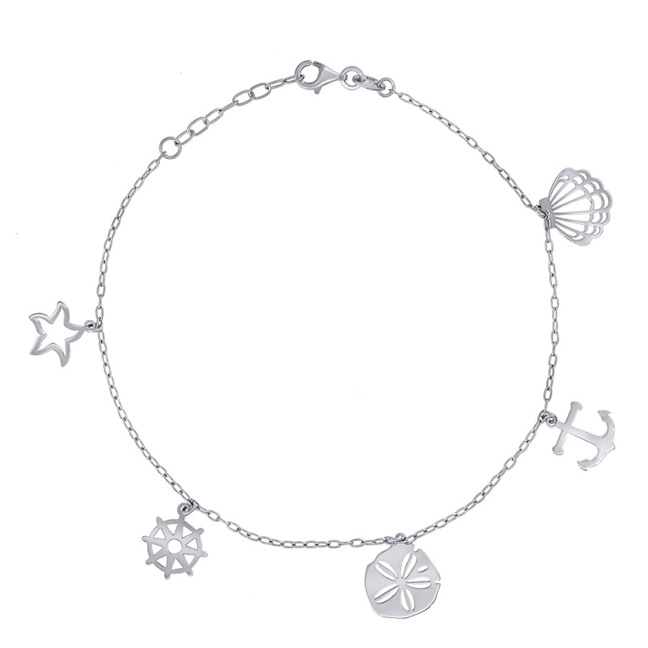 925 Sterling Silver Womens Ocean Life Charms Anklet Size 10 Inches