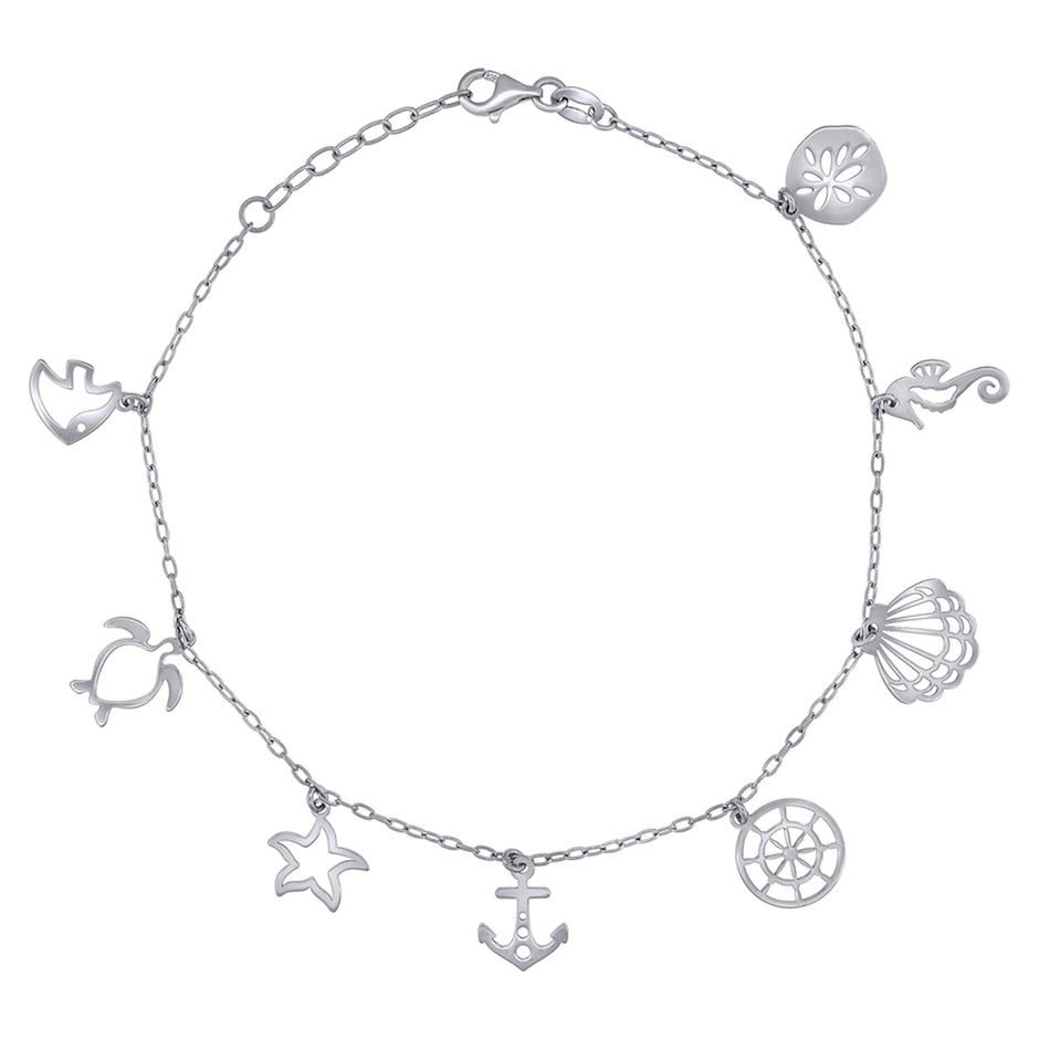 925 Sterling Silver Womens Ocean Life Charms Anklet Size 10 Inches