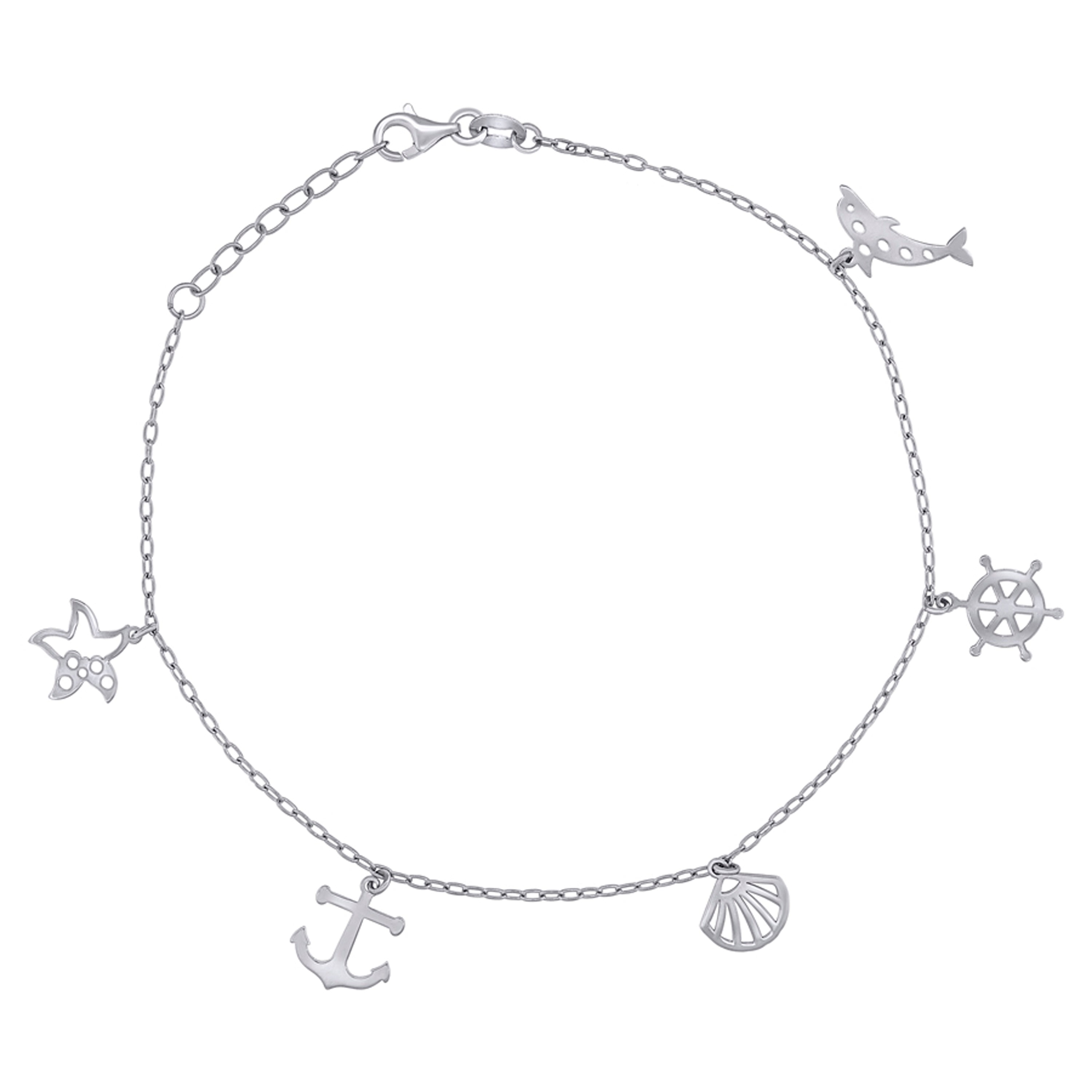 925 Sterling Silver Womens Ocean Life Charms Anklet Size 10 Inches