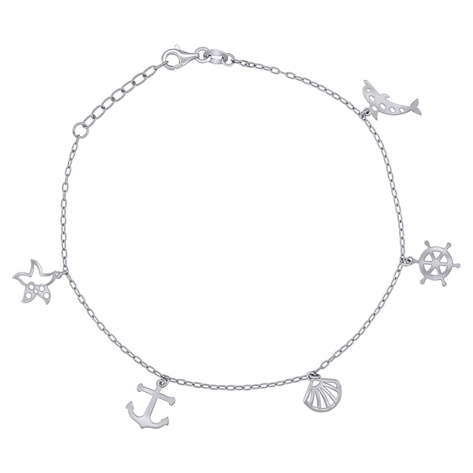 925 Sterling Silver Womens Ocean Life Charms Anklet Size 10 Inches