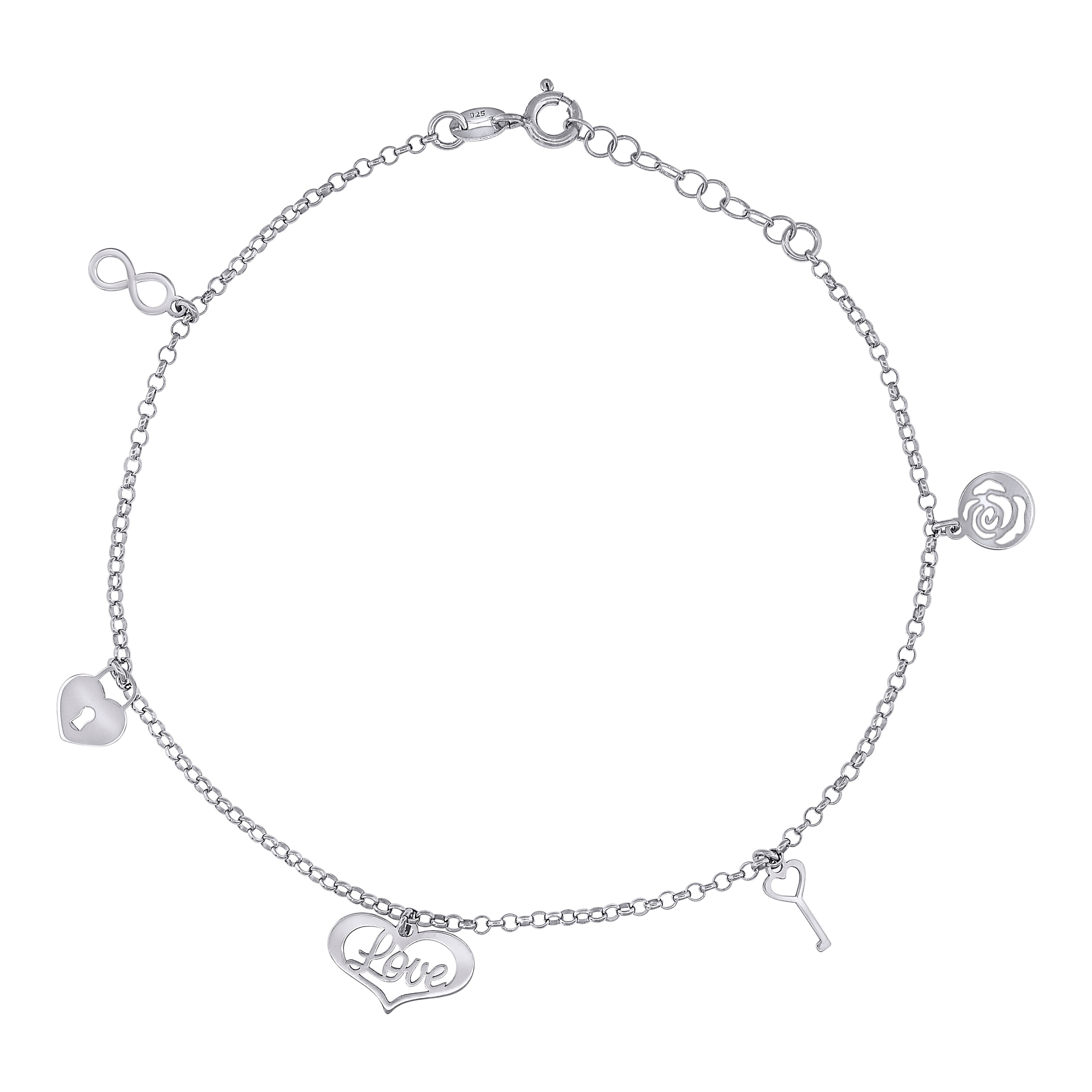 925 Sterling Silver Women Love Charms Anklet Size 10 Inches
