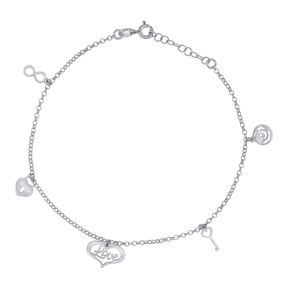 925 Sterling Silver Women Love Charms Anklet Size 10 Inches